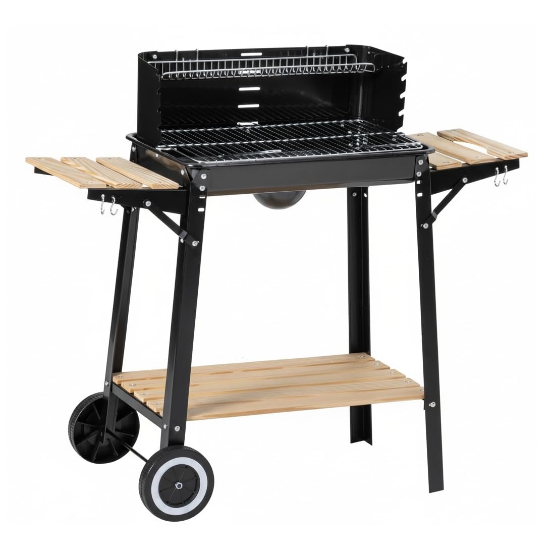 Barbecue A Carbonella In Acciaio Nero Con Ripiani Laterali E Ruote Griglia 48,5x29 Cm Altezza Regolabile Paravento Braciere Smaltato Per Giardino Terrazzo