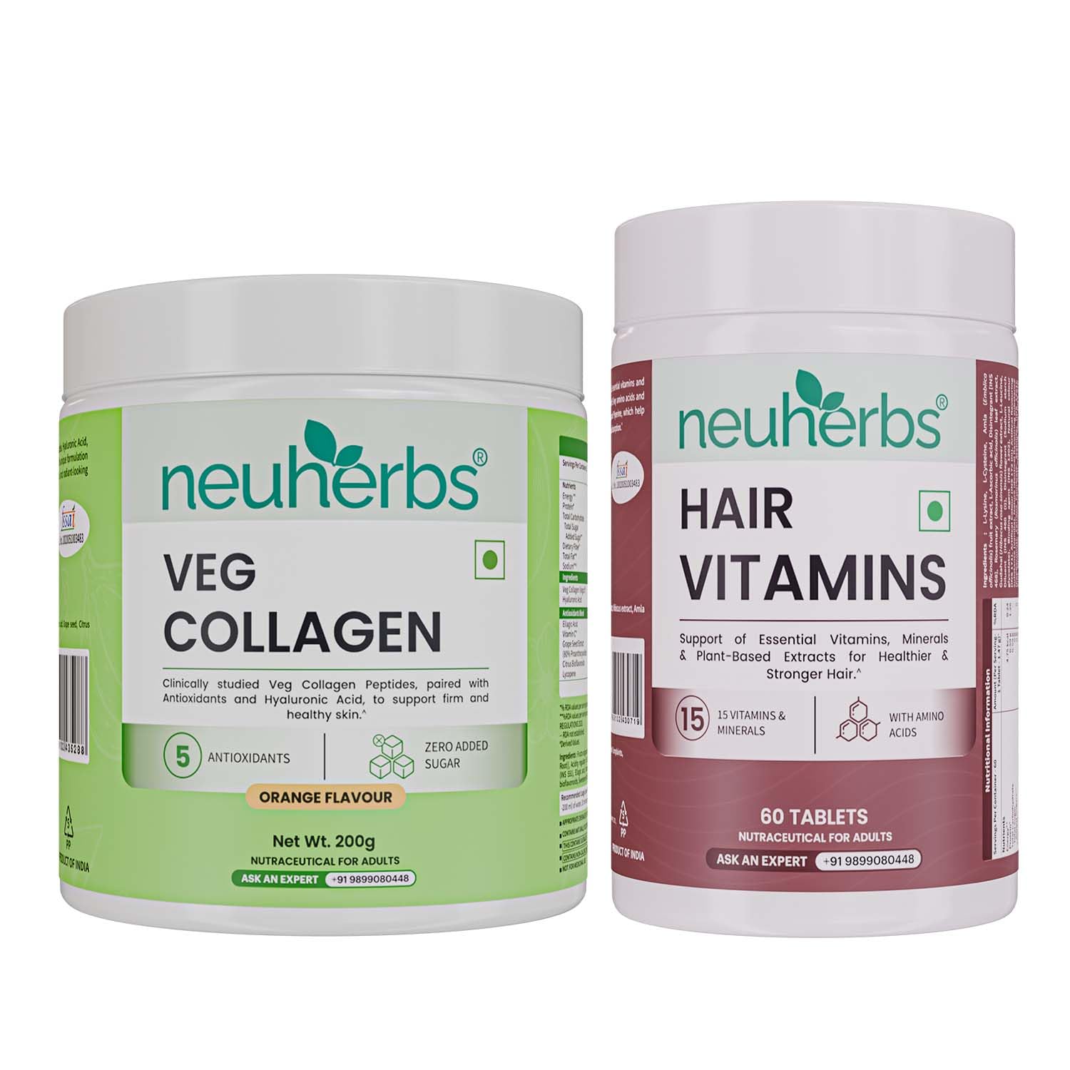 Plant based Skin Collagen Booster- 210 g & Hair-Skin vitamins with Biotin- 60 capsules - Combo Pack of Men and Women