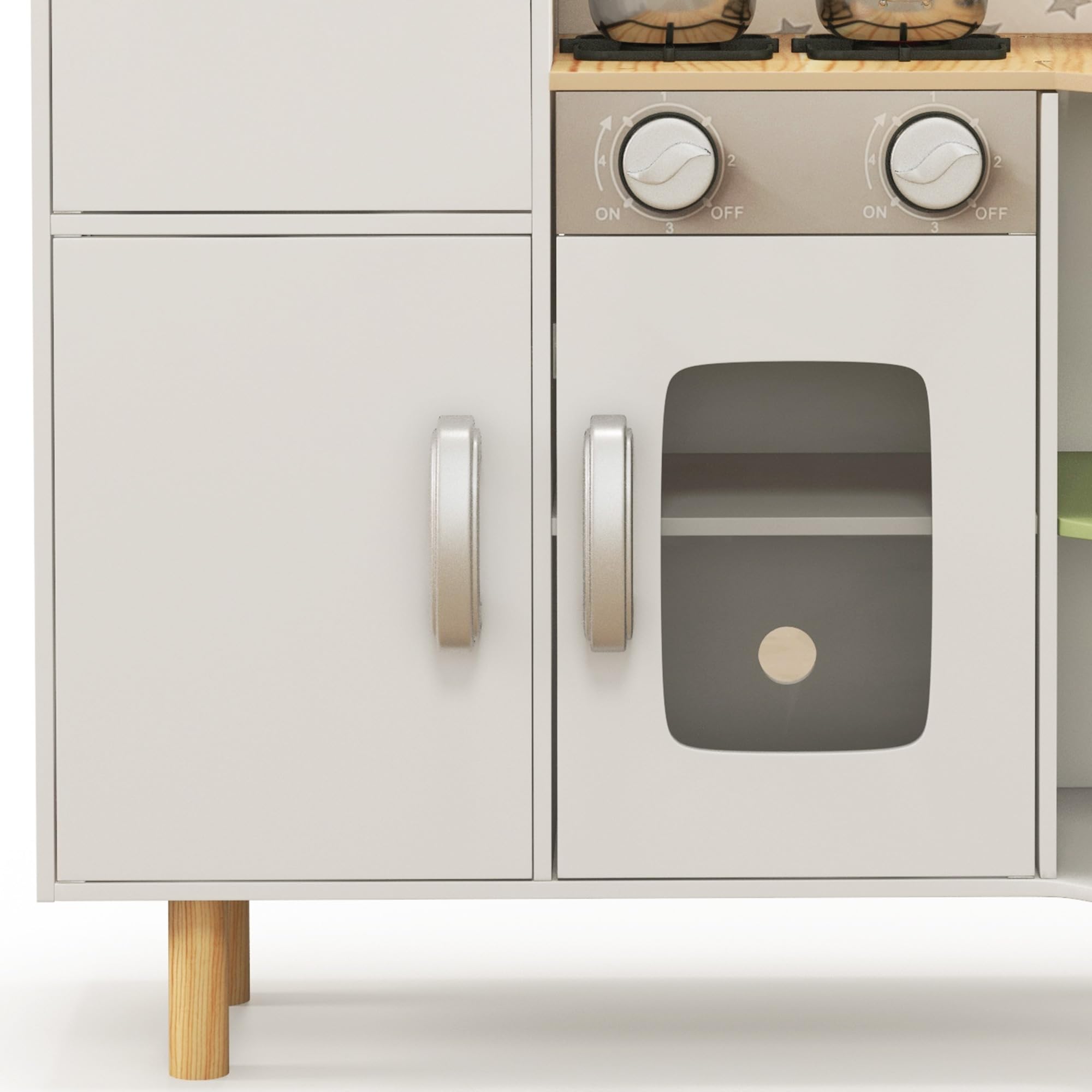 AIYAPLAY Cucina Giocattolo per Bambini 3-6 Anni con Macchina del Ghiaccio e Padelle, Cucina per Bambini con Ripiani e Armadietti per Utensili e Stoviglie, 84x34x89 cm, Bianco e Verde