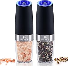 Electric Gravity Salt and Pepper Grinder Set - Automatic Pepper and Salt Mills - 02 Battery Powered Shakers with Blue LED Lights - One Hand Operated - Refillable and Adjustable Coarseness (2xBlack)
