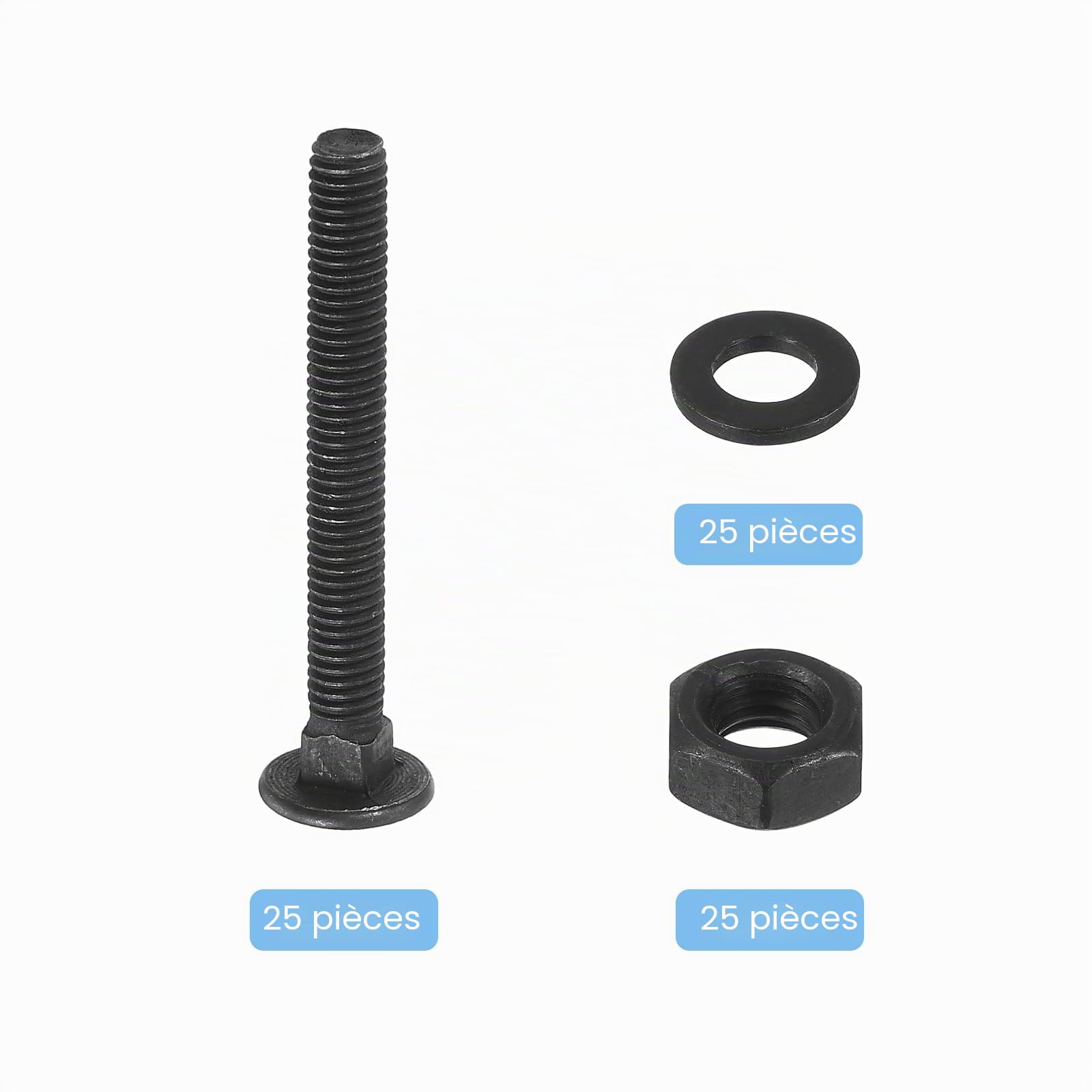 sourcing map Kit de boulons de carrosserie M6 x 50 mm, 25 vis à tête ronde à col carré, boulons de carrosserie avec rondelles et écrous – Acier au carbone noir oxyde pour fixation d'accessoires