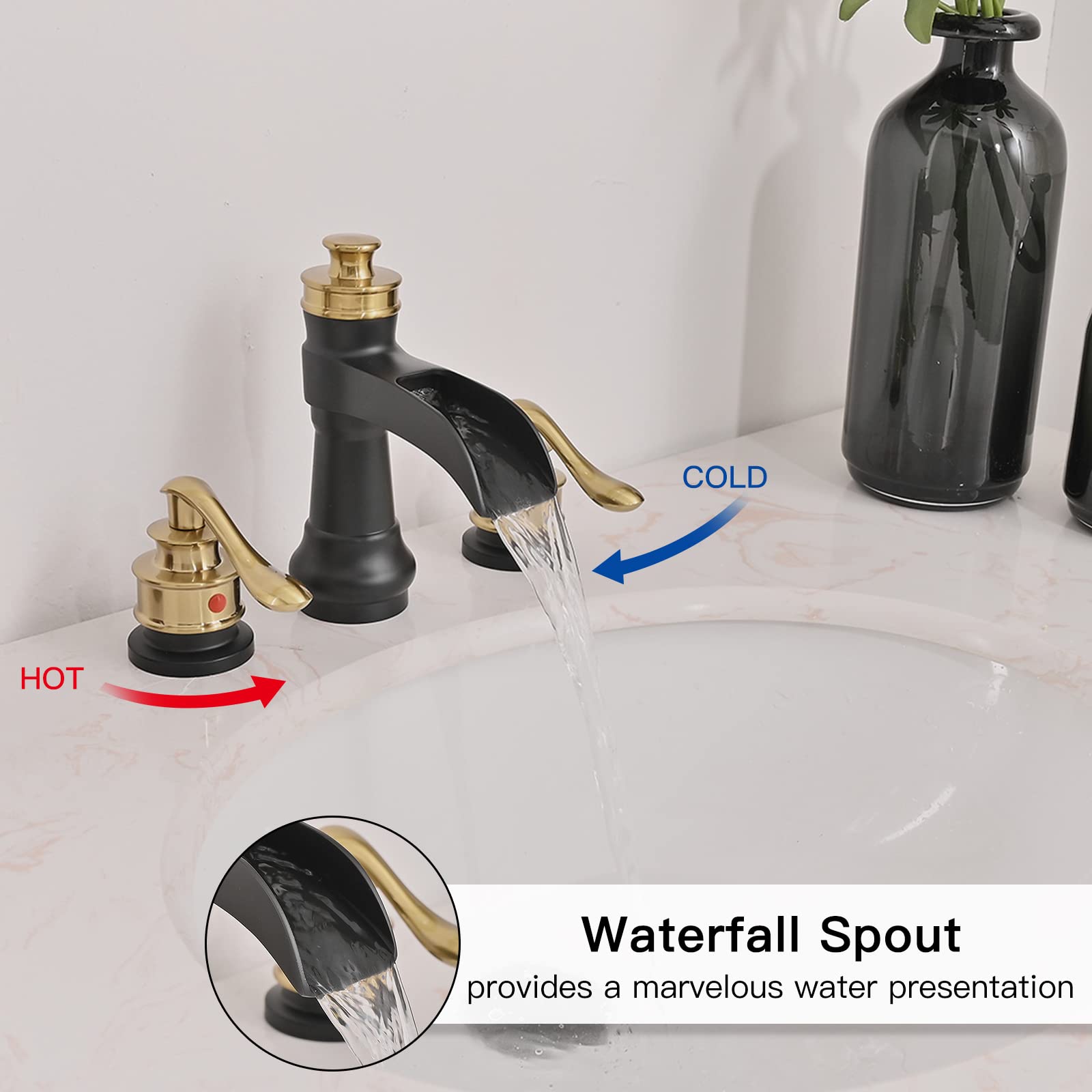 Rubinetto da Bagno a Tre Fori, 20 cm, 2 Maniglie, Nero e Oro, per Uso Commerciale, con Tappo di Scarico a Scomparsa in Ottone e Tubi di Alimentazione. Miscelatore per lavabo e Mobile Bagno.