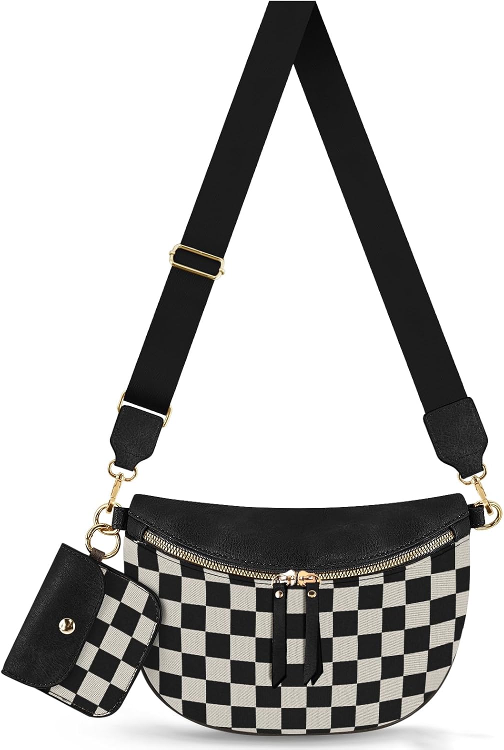 Checkered Crossbody Bag Bum Bags for Women Crossbody PU Leather Checkered Wallet Belt Bag Crossbody Handbags, Black Checkered