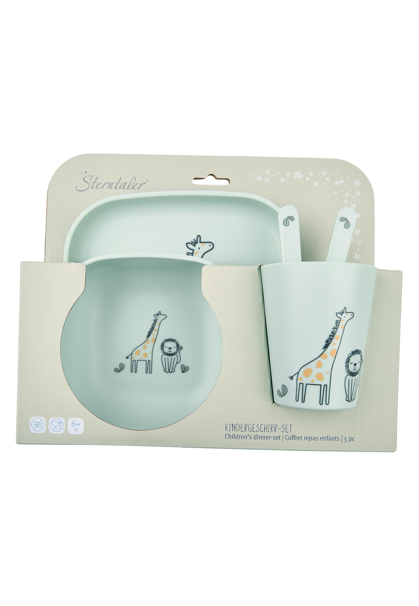 Sterntaler Geschirrset Giraffe & Löwe – Eckige Form mit Safari Motiv – Teller, Schale, Becher & Besteck, langlebig, lebensmittelecht - Für Babys & Kleinkinder - Geschenk-Set, blassgrün