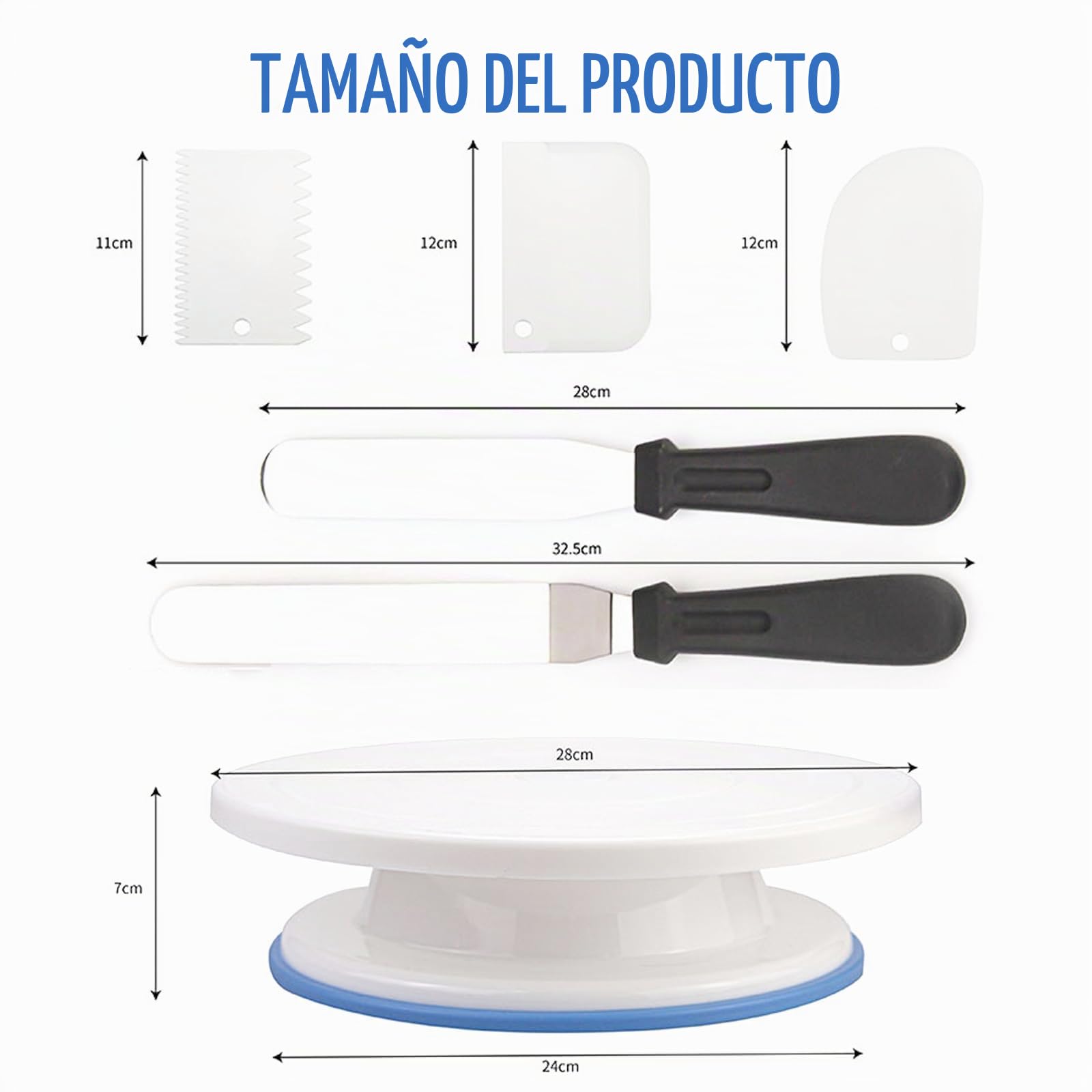6 Piezas 28cm Plato Giratorio para Tartas, Base Giratoria Tartas Reposteria Utensilios Torta Giratoria, Soporte Giratorio para Pasteles Incluye 2 Espátulas para Tartas y 3 Rascadores