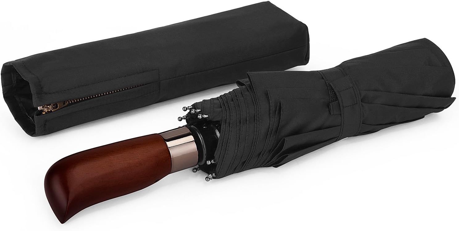 Windproof Travel Umbrella Automatic Open & Close Wood Handle Double Canopy Vented Compact Sturdy Umbrella(Black)