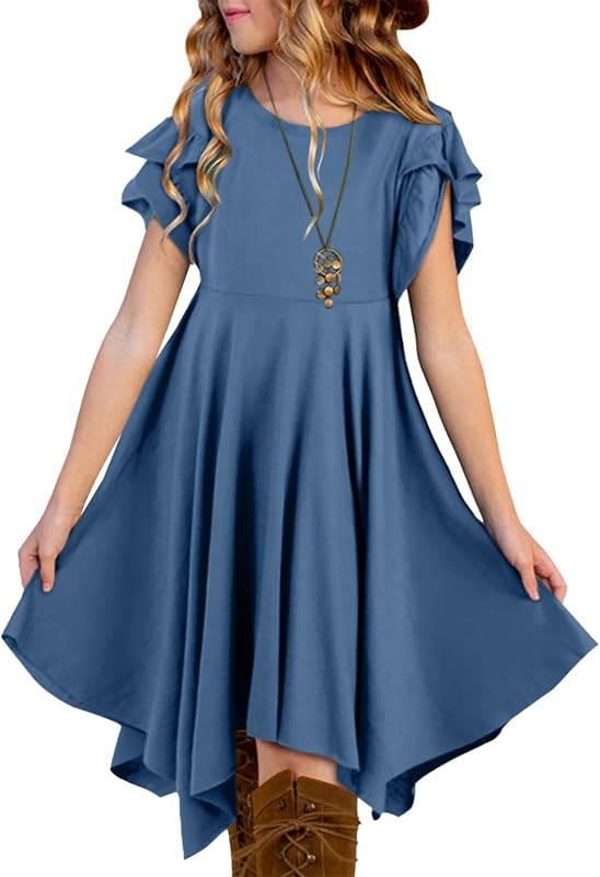 blibean Tween Girls Summer High Low Boho Dresses Size 4-15 | Kids Western Easter Dress, Ruffle Short Sleeve, Crew Neck, Handkerchief Hem, Spring Clothes Outfits