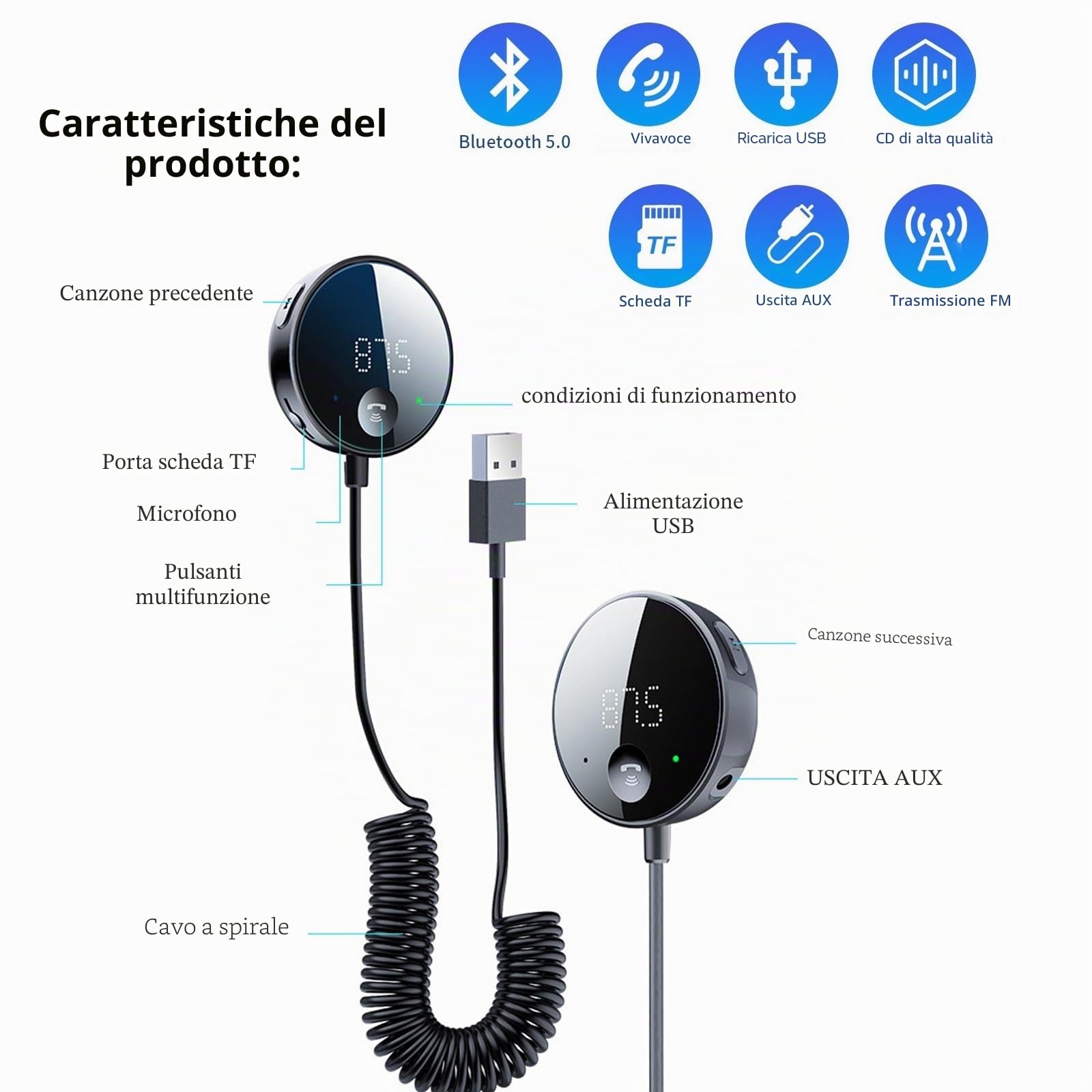 eppfun Trasmettitore FM & Ricevitore Bluetooth per auto con display a LED, supporto uscita AUX e riproduzione di musica con scheda microSD