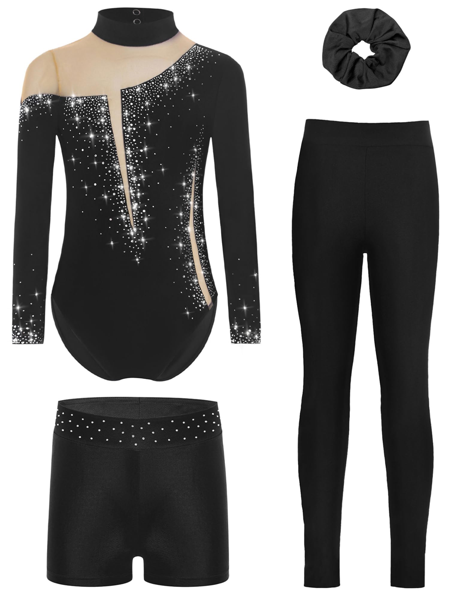 dPois Maillot De Gimnasia Ritmica para Niña Leotardo Manga Larga con Leggings Cortos Elásticos Y Diadema Disfraz De Bailarina