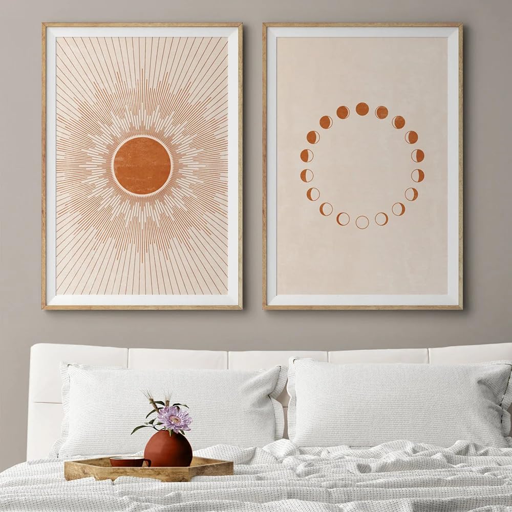 WBYZAC 2 Pieces-Abstract Sun Moon Print Boho Modern Mid Century Poster Canvas Painting Wall Art Pictures Artwork for Living Room Bedroom Decor-50 * 60cm (No Frame)
