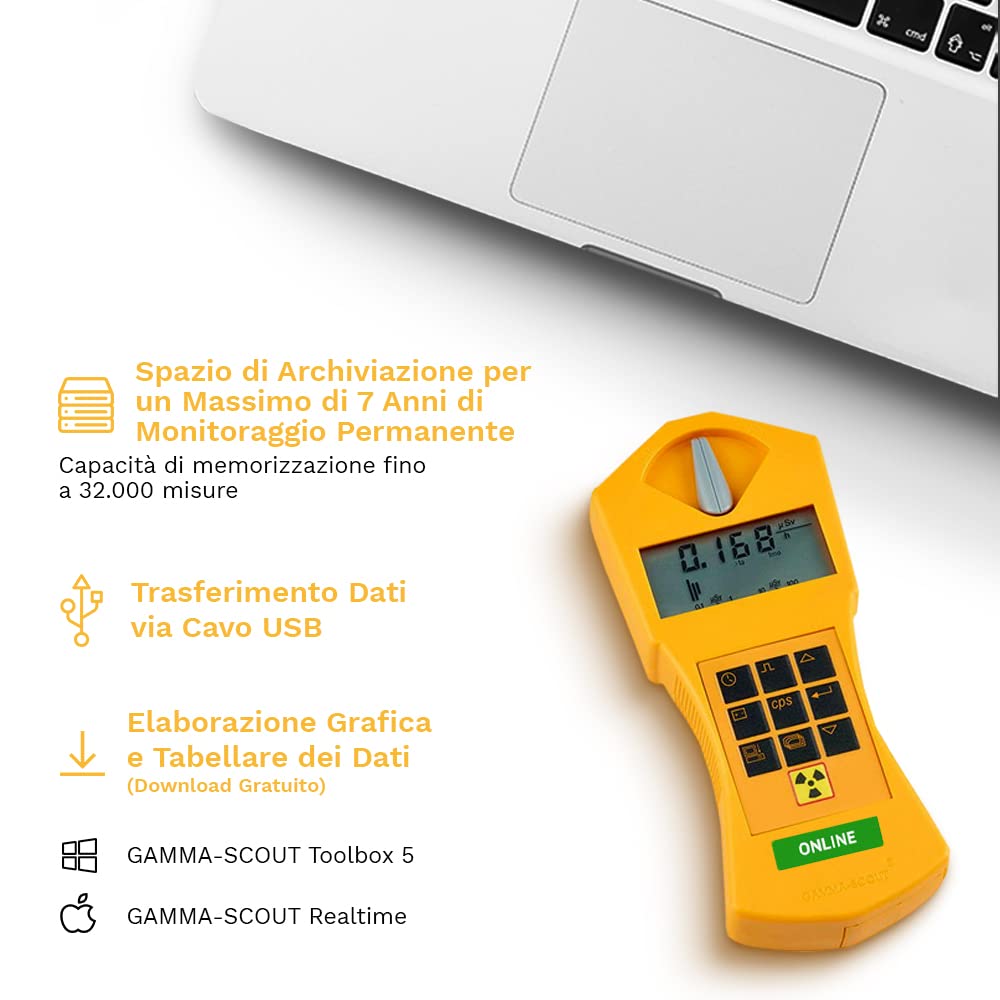 Online | Contatore Geiger per la radioattività con trasmissione dati in tempo reale, strumento grafico per l'analisi, segnale acustico, allarme, interfaccia USB, software di analisi dati