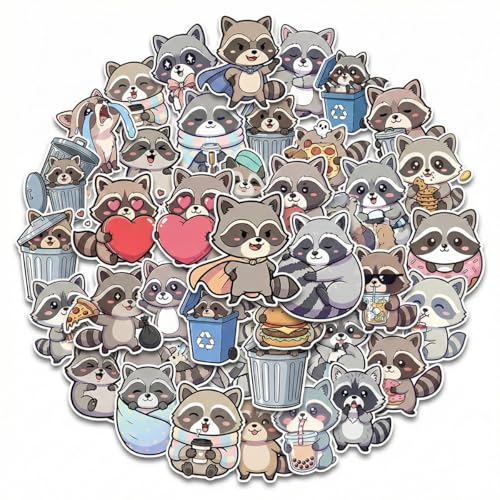 50PCS Cute Raccoon Stickers – Waterproof Vinyl Animal Decals for Water Bottle, Laptop, Scrapbook, Classroom Rewards, Party Favors & Kids Crafts, Raccoon Sticker Pack for Boys, Girls & Teens