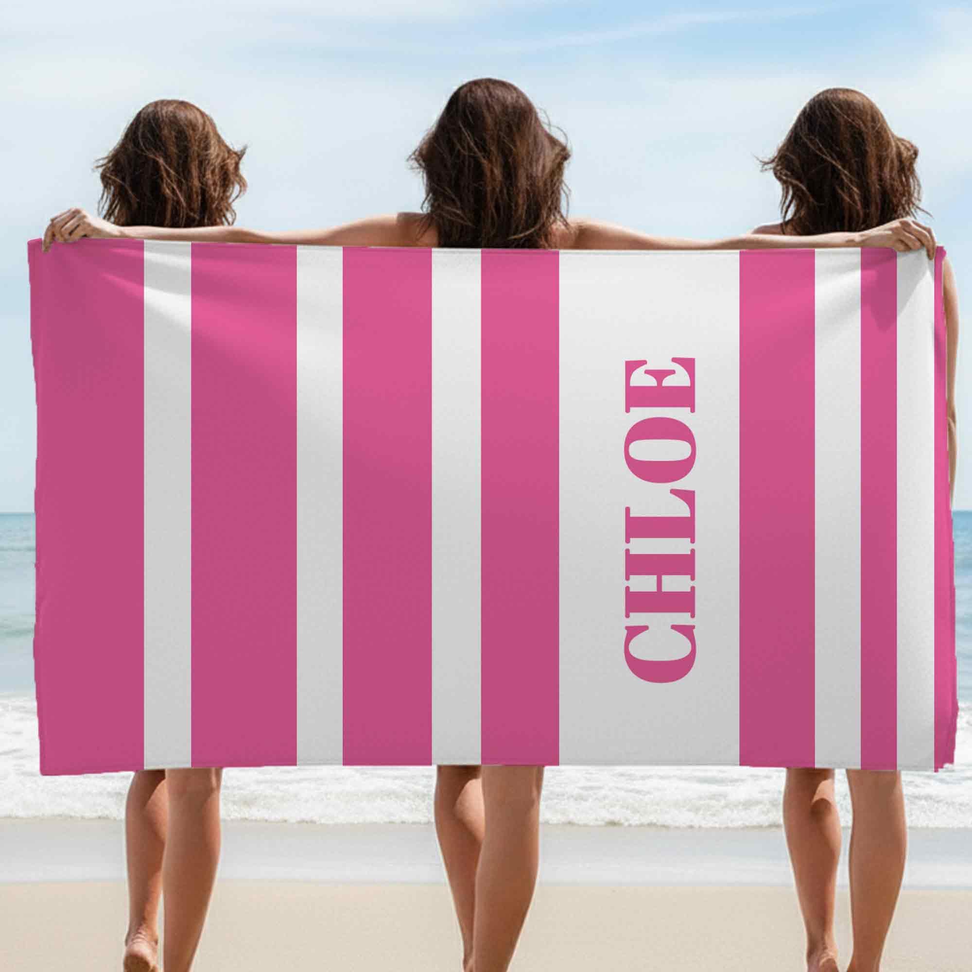Print Maniacs Personalised Beach Towel with Name Large Microfibre Quick Dry Sand Resistant Stripe Towel Lightweight Travel Holiday Poolside Gym Spa Towels Custom Gift for Men Women Kids