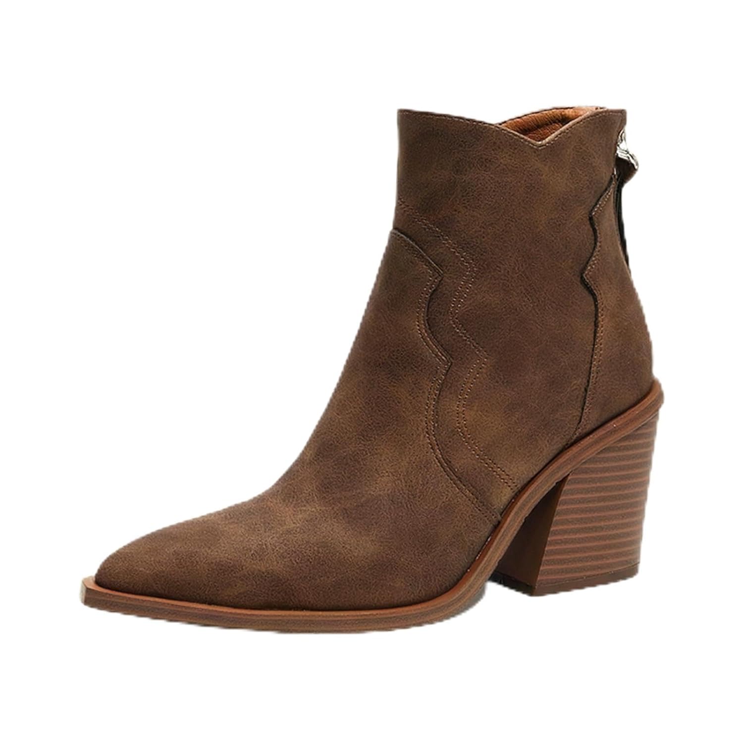 Womens Tassel Back Zipper Suede Stacked Block Heel Ankle Boots Pointed Toe Comfortable Non Slip Western Booties for