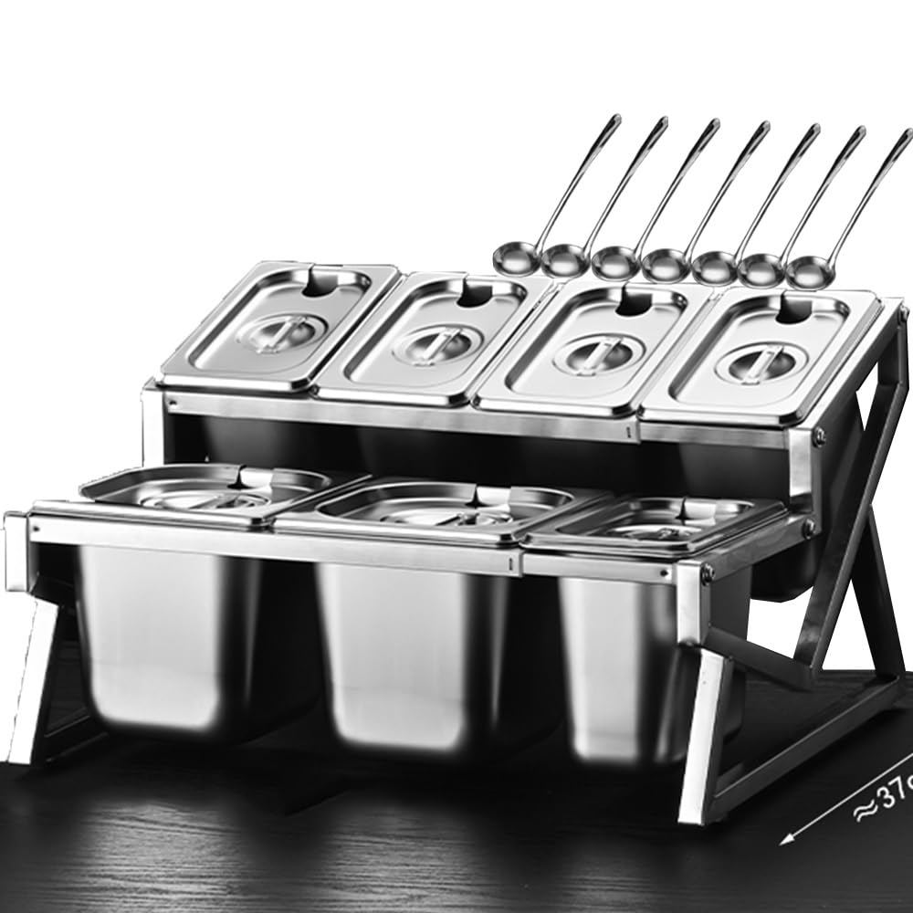 Soporte de cocina de acero inoxidable de 10 sartenes Set organizador de especias con tapas cucharas, 2 fila encimera inclinada estante de condimento, contenedores buffet titular para