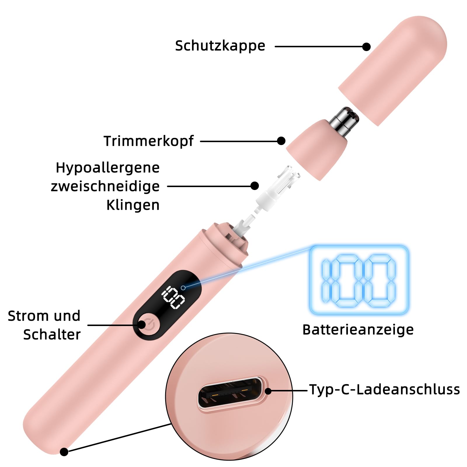 Nasenhaartrimmer, wiederaufladbare kabellose Ohr Augenbrauen Trimmen Werkzeug Dual-Edge-Klingen Rasierapparat einfache Reinigung mit Anzeigelampe für Mann Frau (Rosa)