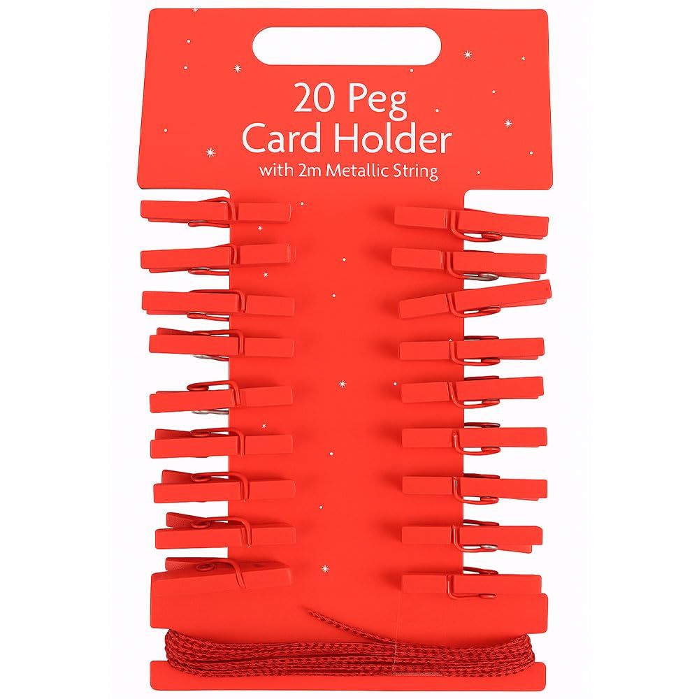 Angix Red 20 X Peg Card Holders With 2M Metallic String | Mini Wooden Pegs, Clip Photo Holders For Hanging Photos & Christmas Cards, Photo Wall Display, Xmas Crafts, Halloween & Party Decorations (Red)