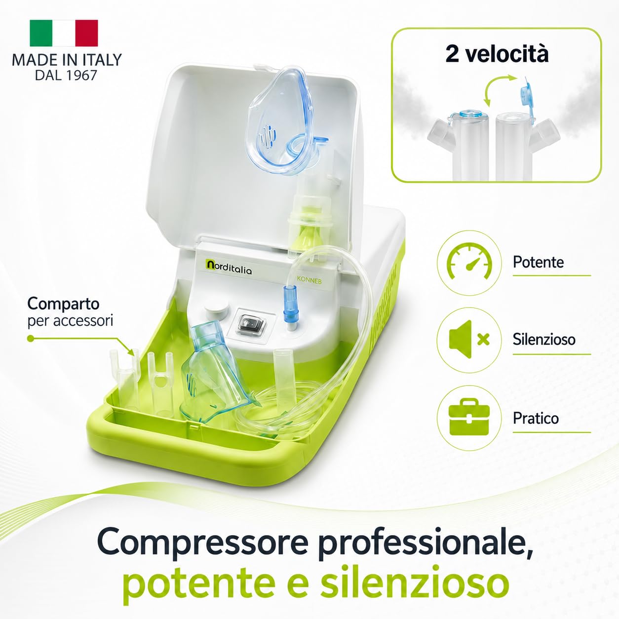 NORDITALIA, Aerosol Meganeb, Nebulizzazione Mirata, Aerosol Silenzioso con Vano Accessori, Tutti gli accessori Inclusi | Per Bambini ed Adulti, Elevata Qualità, Professionale, Made in Italy