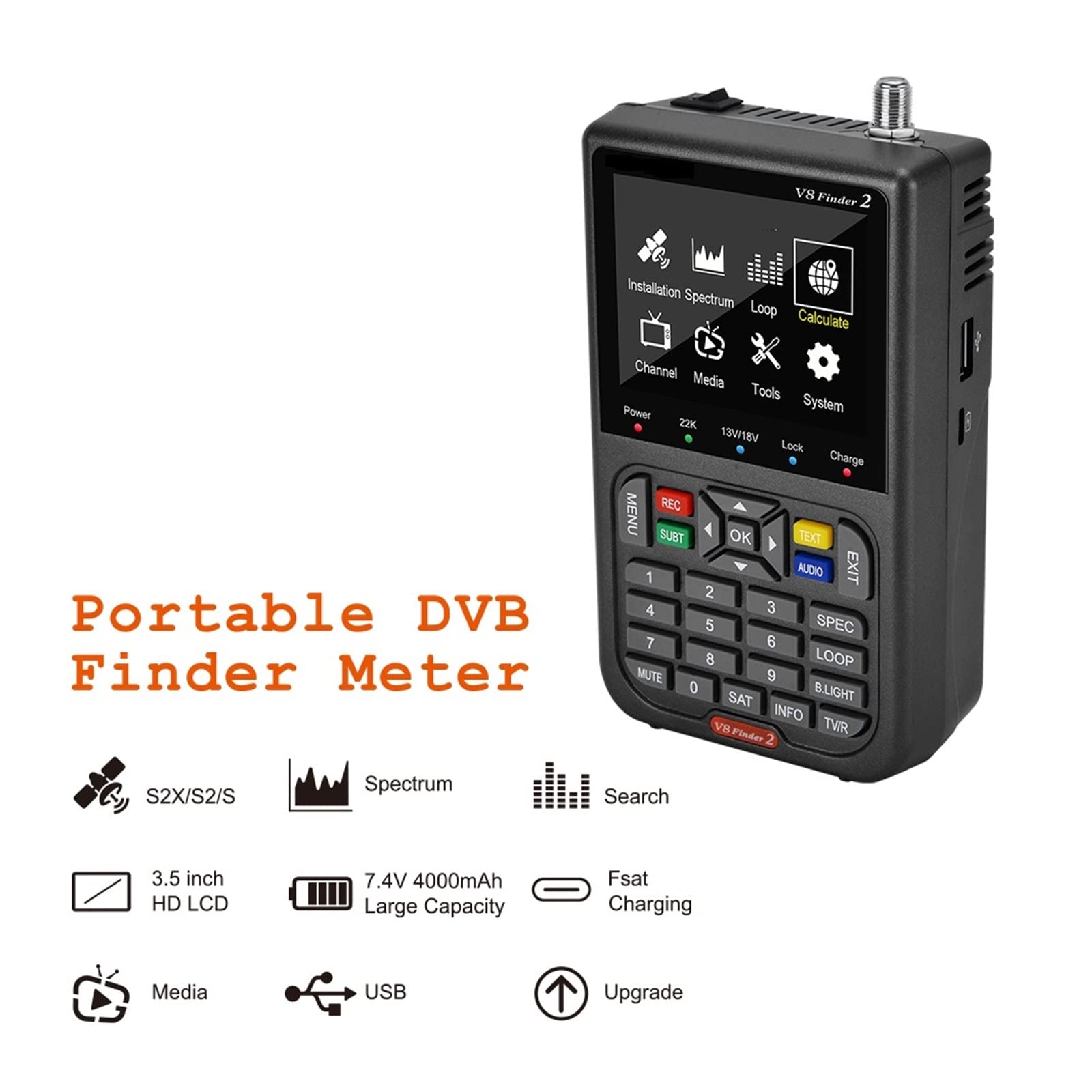 Medidor de Campo TDT, DVB-S2X / S2 / S Buscador de señal satelital V8 Finder2 Medidor 1080P HD 3.5quot; Pantalla de visualización H.264 Receptor de TV digital ,para configurar antena parabólica(With b