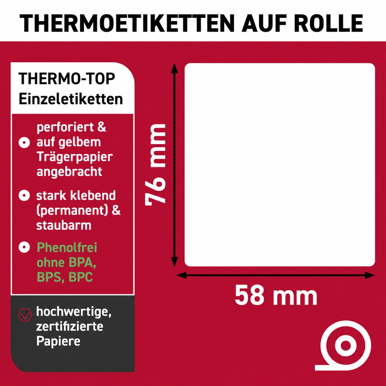 Waagenetiketten 58 x 76 mm 12 Rollen 7200 rechteckige Einzeletiketten selbstklebend, Phenolfrei & stark haftend Ø 100 mm kompatibel mit Bizerba & weiteren Waagen für Theke & Kasse