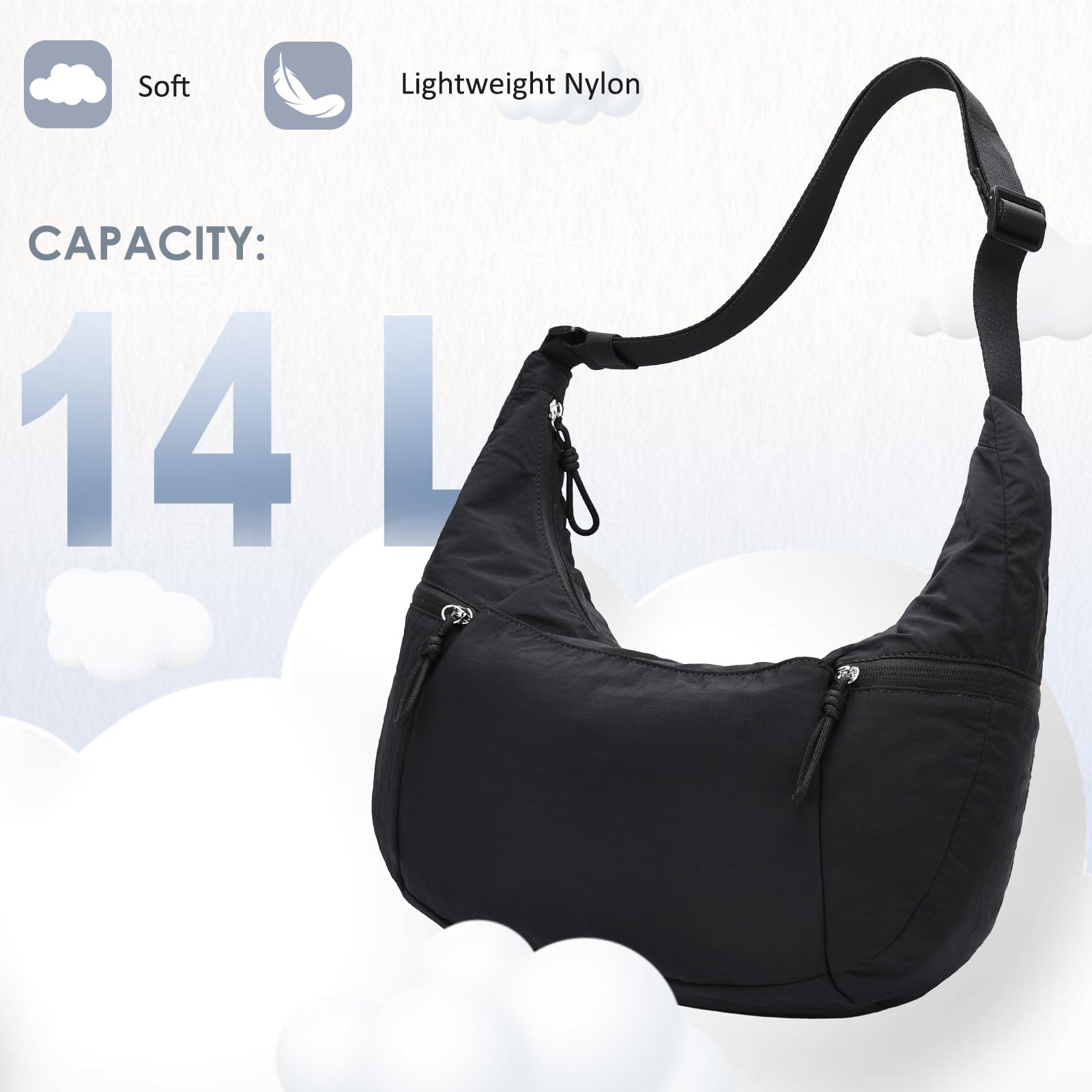 VASCHY Torba crossbody, półksiężyc, dla kobiet, na co dzień, lekka, nylonowa, średnia, luźna, hobo, torebka, na podróż, siłownię, do pracy, na uczelnię