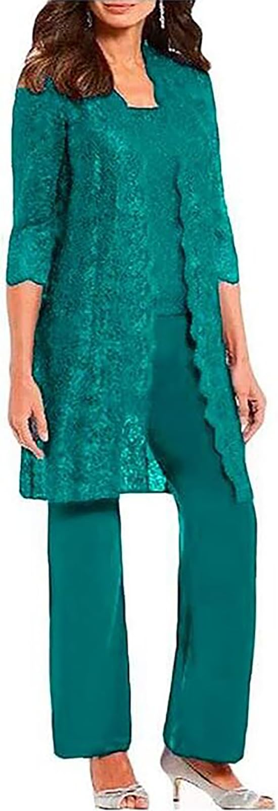 Leader of the Beauty Mother of The Bride Dress 3 Pieces Pant Suits Chiffon and Lace Jacket Plus Size Gowns