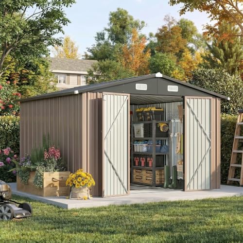 Image of Devoko 10x10 FT Outdoor Storage Shed with Floor Frame, Metal Tool Shed with Slooping Roof, Heavy Duty Large Shed for Garden Backyard Patio(Brown)