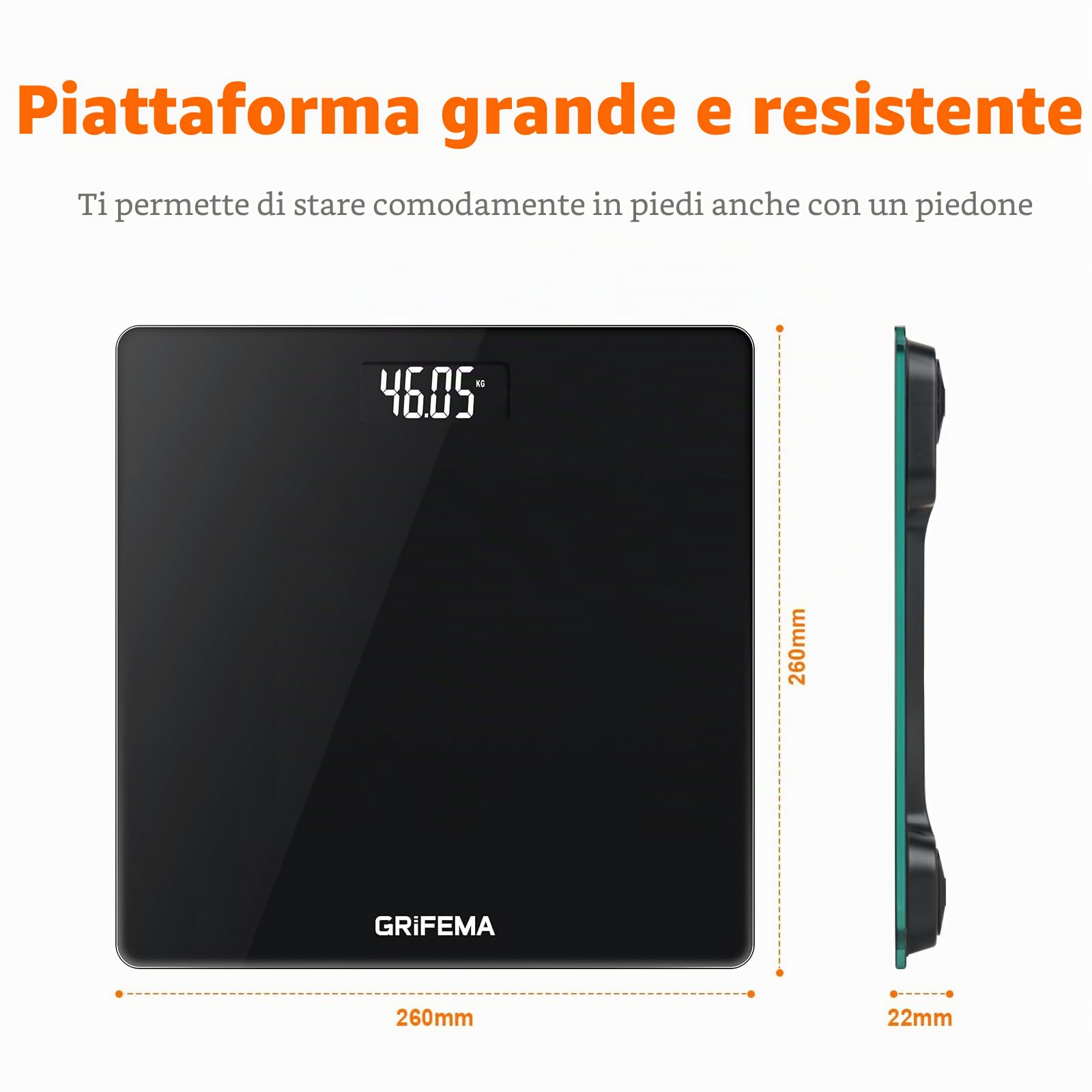 GRIFEMA GA2001-1 Bilancia Pesa Persone con Display LCD, Bilancia da Bagno con Design Moderno, Max 150 kg Precisione 50 g, Facile da Leggere, 26x26 cm, Nero