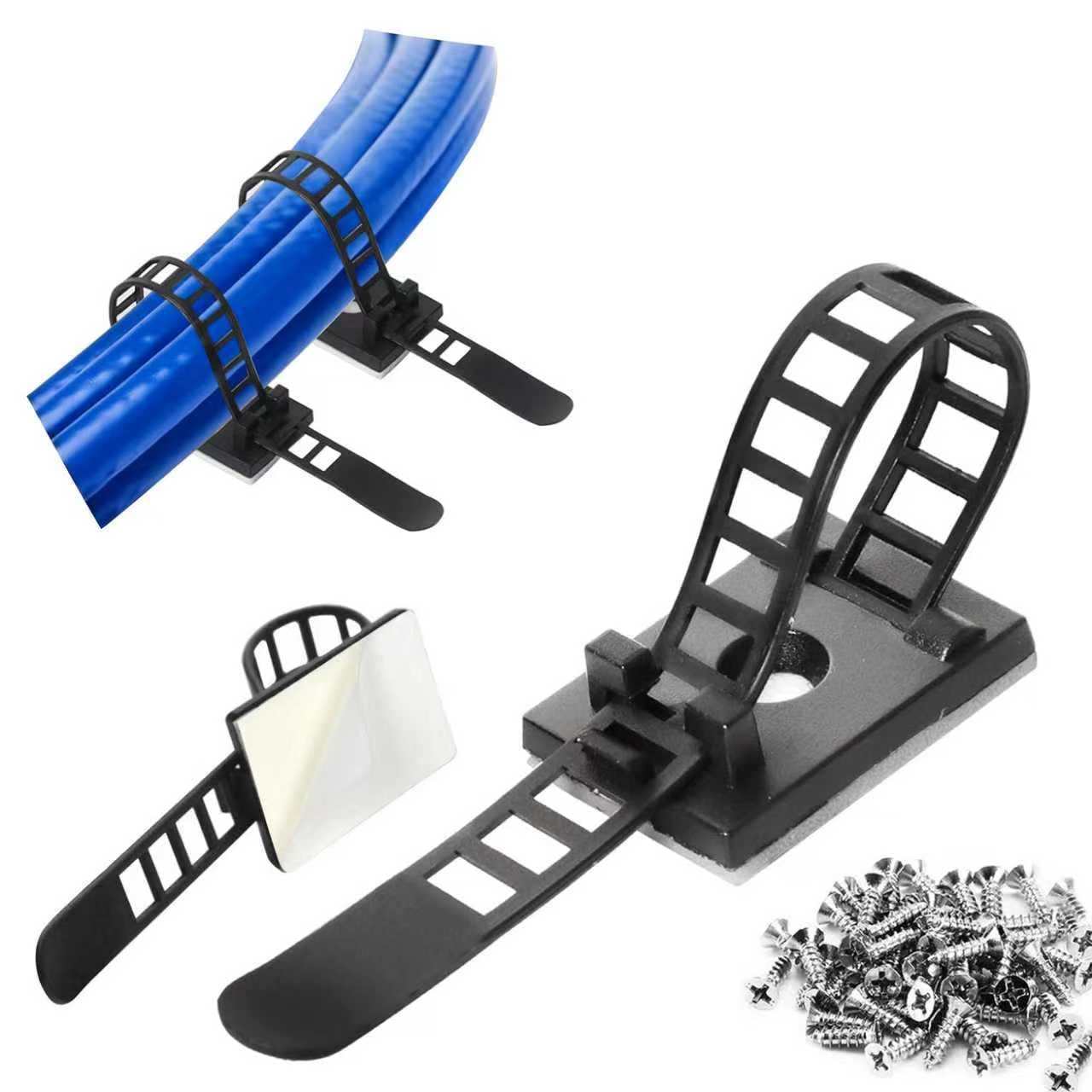 GPtzlei Self Adhesive Cable Clips 25/50/80/100 pcs Black/White with Screws – Cable Tie Base and Holder for Cable Management, Sticky Wall Clips for Desk and Home (50, Black)