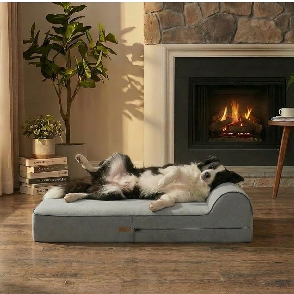 KOPEKS Cama Grande para Perros Mascotas Grandes con Memoria Viscoelástica Ortopédico 91 x 71 x 15 cm más la Almohada - L - Gris