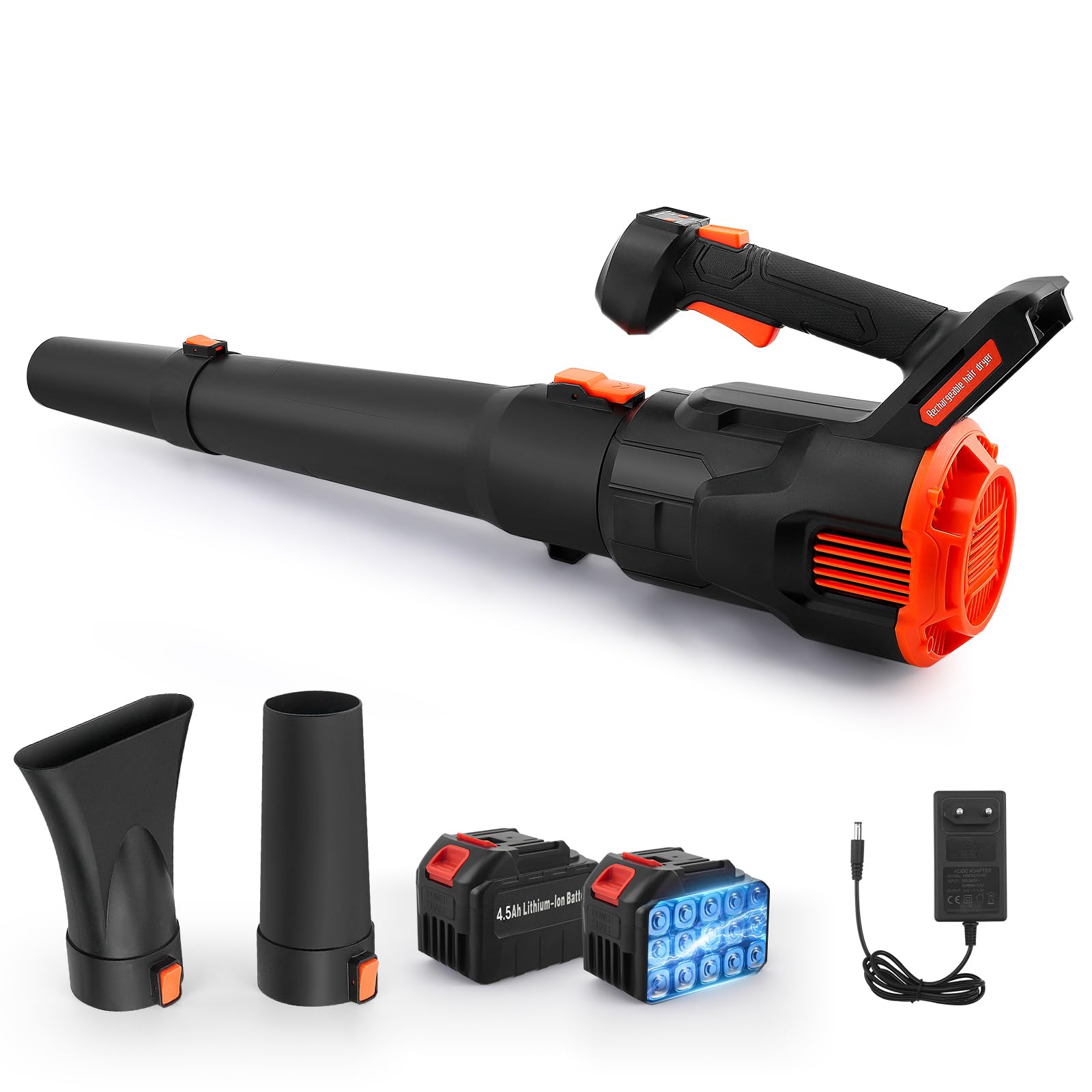 Soffiatore Foglie, Potente Soffiatore per Foglie a Batteria con Velocità Regolabili, Soffia Foglie con 2 Batterie da 4,5 Ah e Caricabatterie, Leaf Blower con 3 Tubi per la Cura del Prato, Foglie