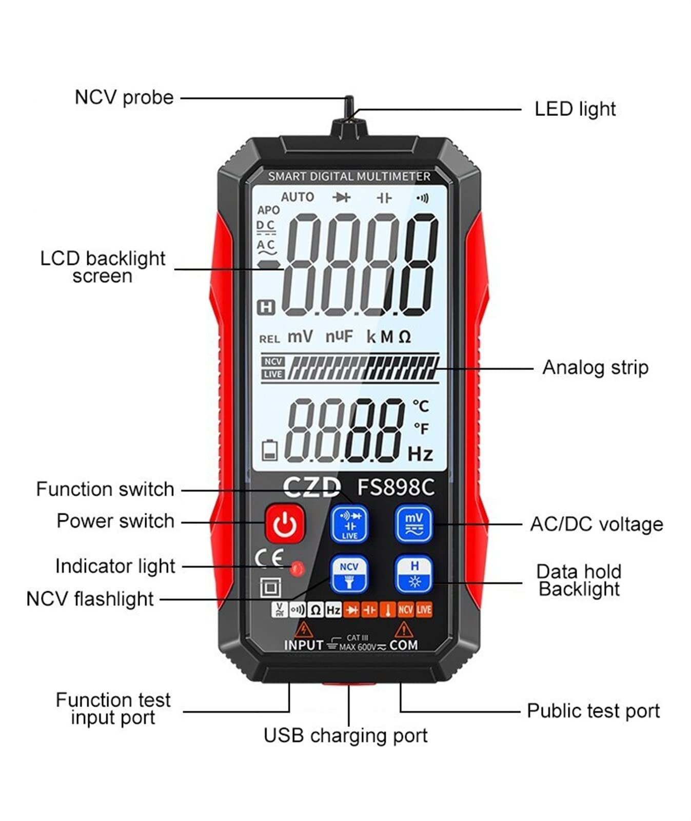 Outils de tests fonctionnels portables pour la mai Multimètre numérique rechargeable grand écran mesure automatique rétro-éclairage affichage LCD compteur de tension lampe de poche LED Test de résista