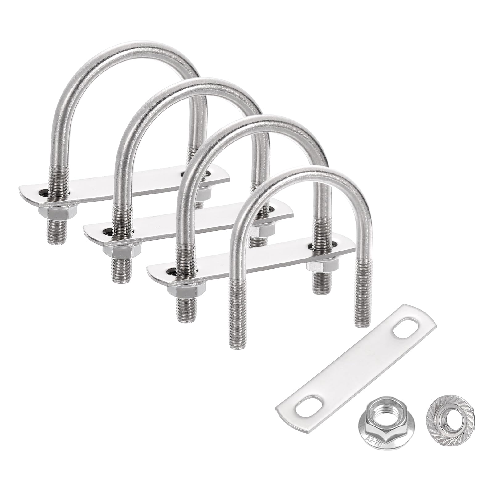 sourcing map 4 Set 1-7/8" Inner Wide Round U Bolts, 2-15/16" Length 304 Stainless Steel U-Bolts with Flange Hexagon Nuts, Frame Plates for Trailer, Automotive, (48mm W x 74.5mm L)