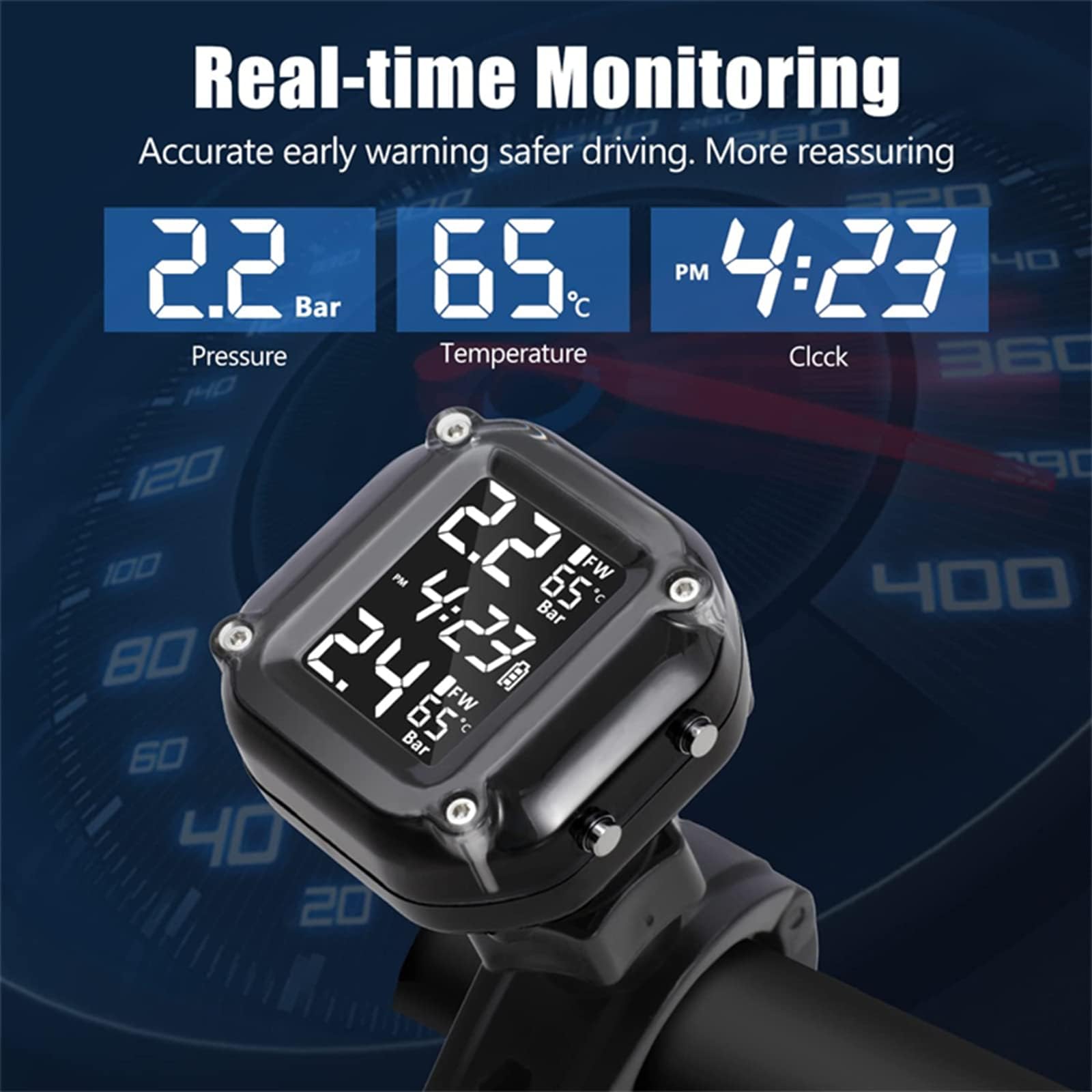 TPMS wireless per moto, 2 sensori esterni con display LCD, ricarica magnetica e allarme automatico per moto, e-bike e scooter