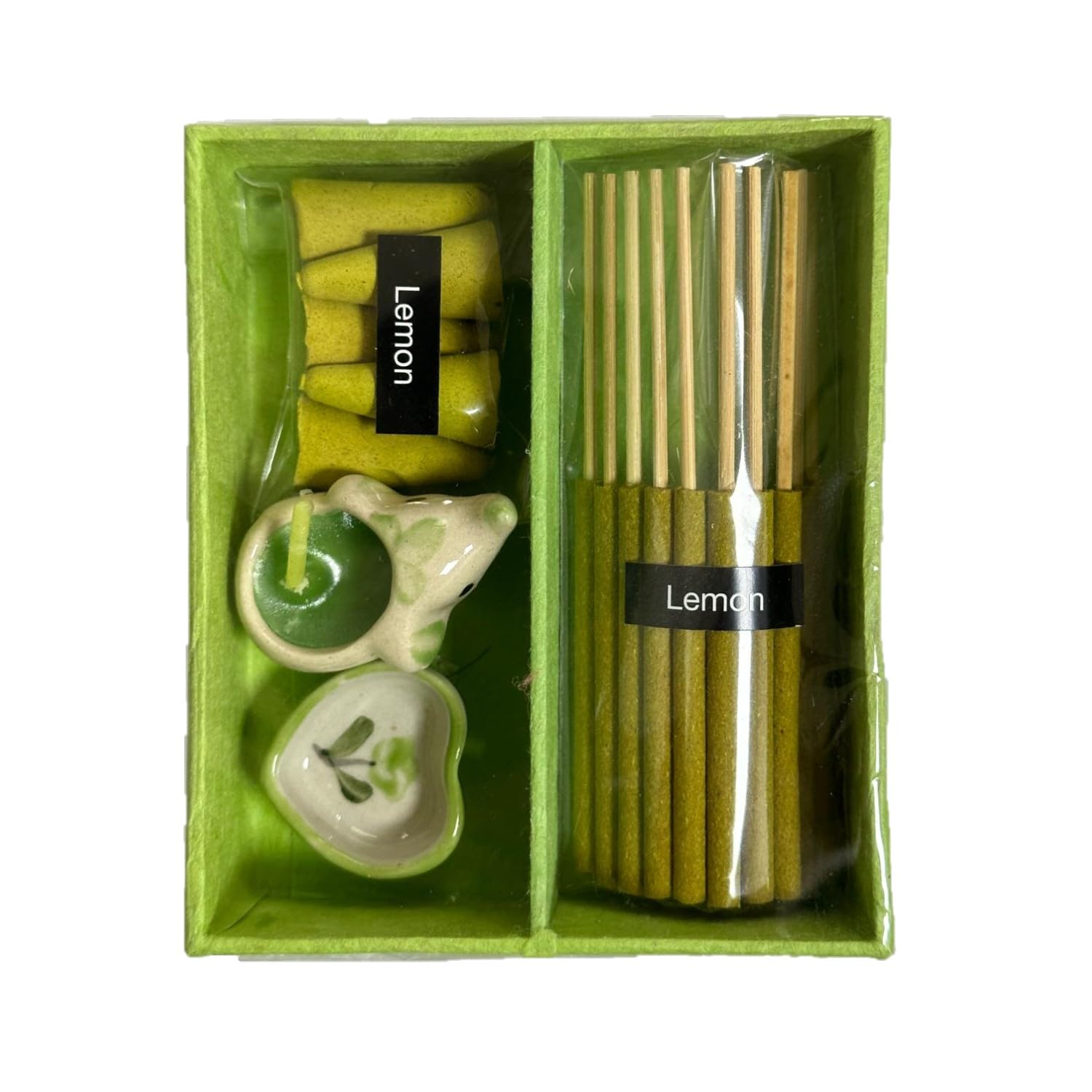 Relaxation Gift Pack | Aromatic Incense Sticks & Cones, Mini Soy Candle & Elegant Ceramic Holder, in Luxury Box Set | Stress Relief & Home Spa | Yoga, Meditation & Self-Care (Green [Lemon])