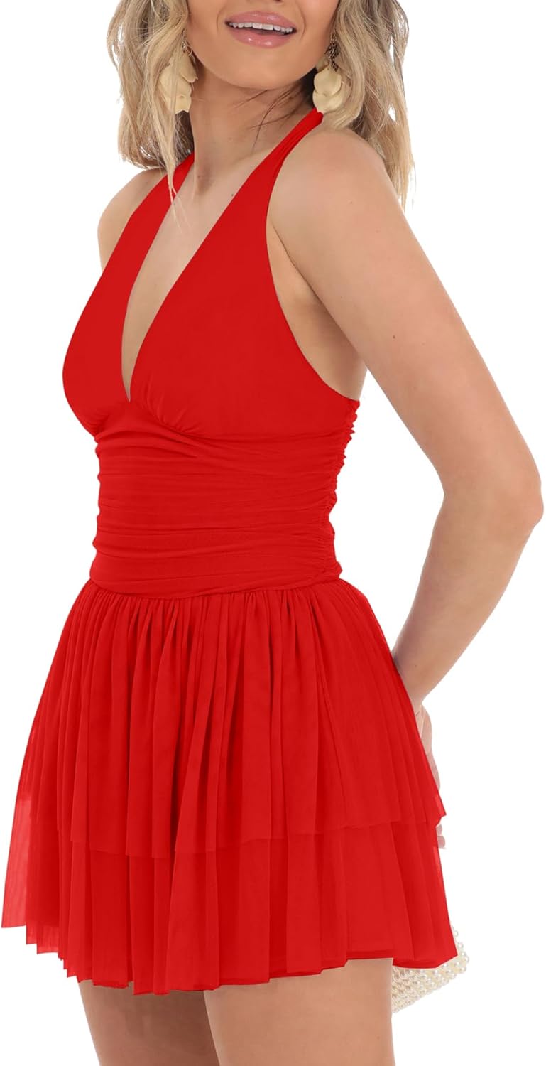 LCNBA Women's Halter V Neck Ruffled Hem Mesh Dress Ruched Flowy Mini Dress - Image 5