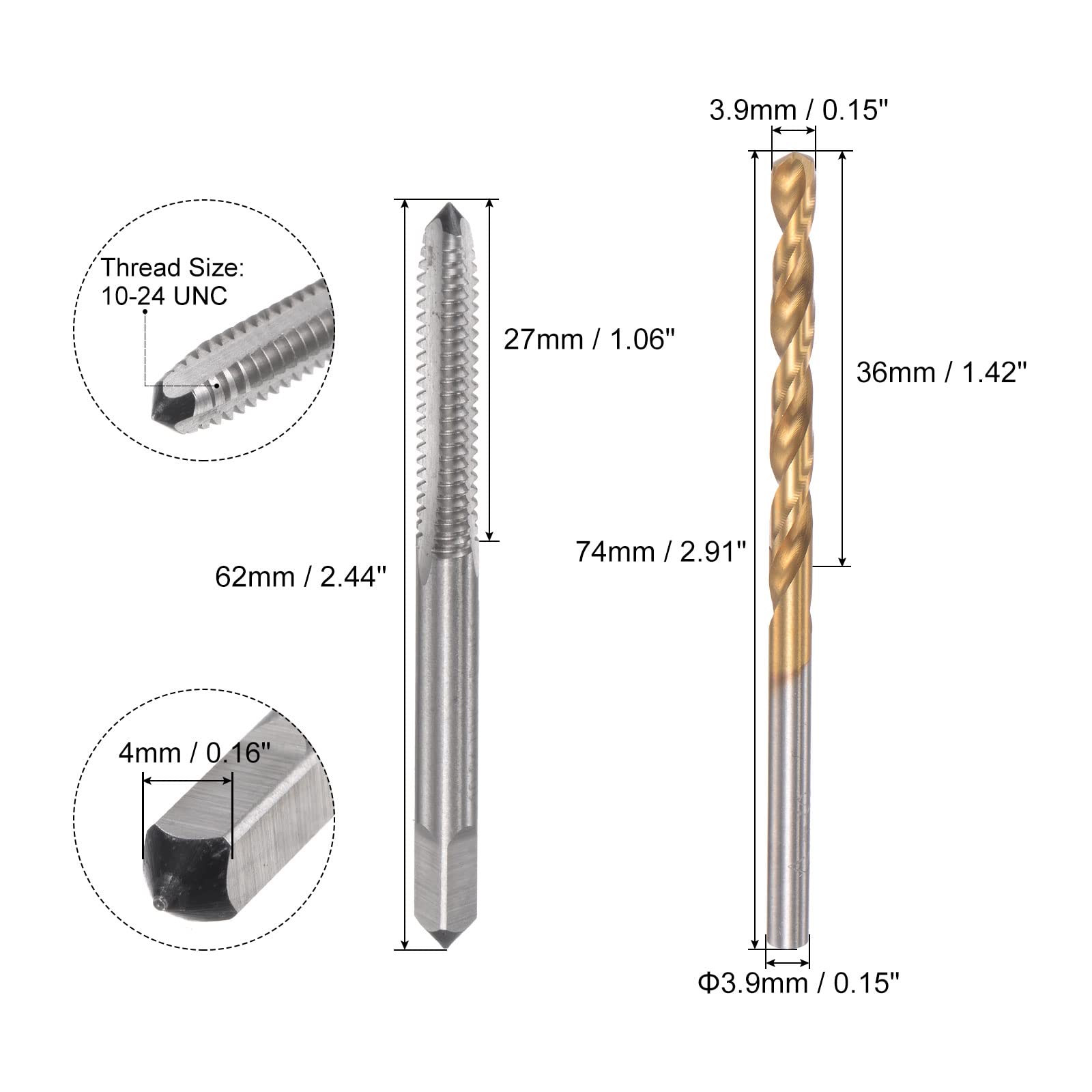 uxcell 10-24 UNC Straight Flute Thread Tap and 3.9mm Twist