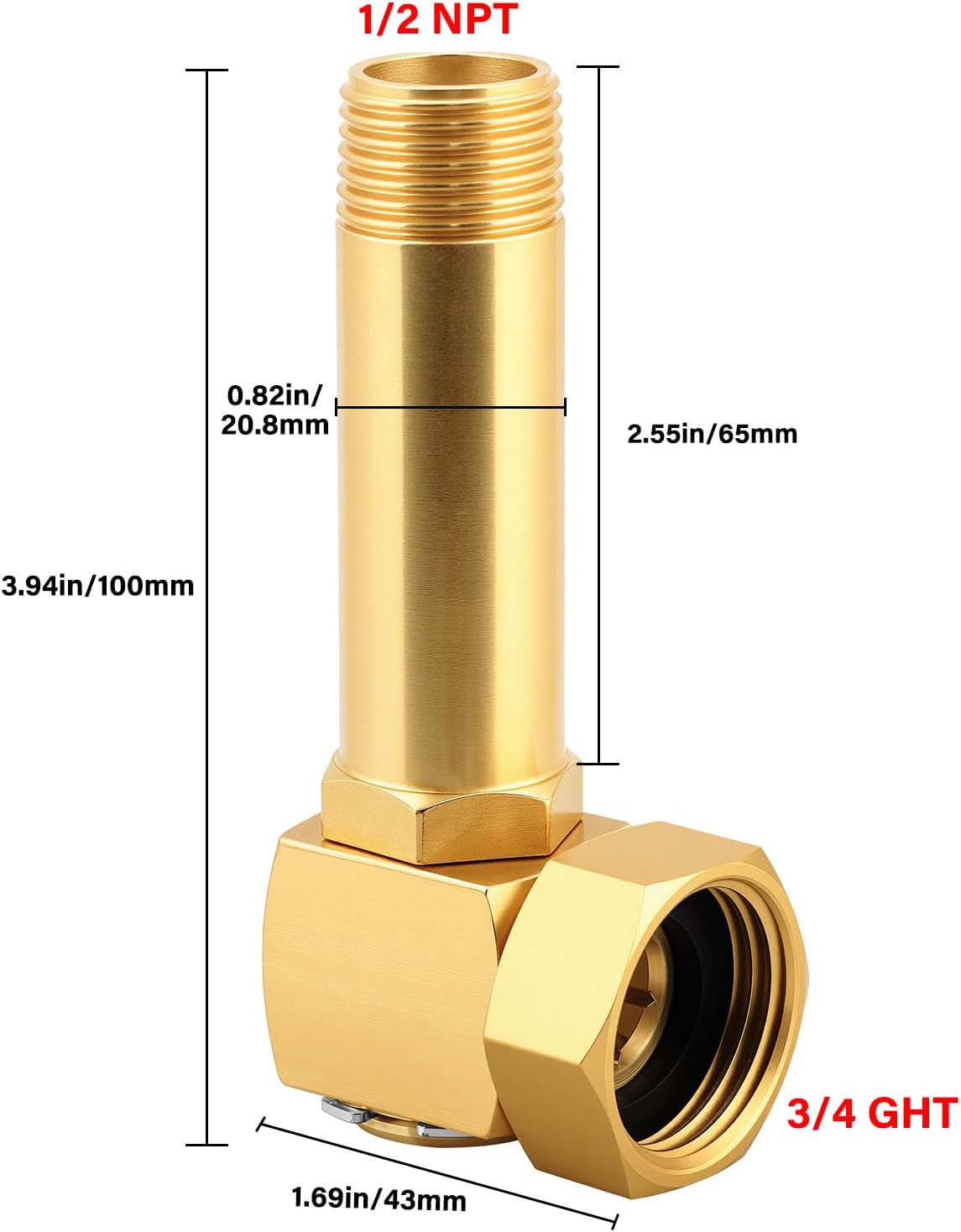 SIGURANTA Garden Hose Reel Replacement Fitting,Brass 3/4"GHT Female to 1/2"NPT Male Swivel Elbow adapter (3.94 inches in length)