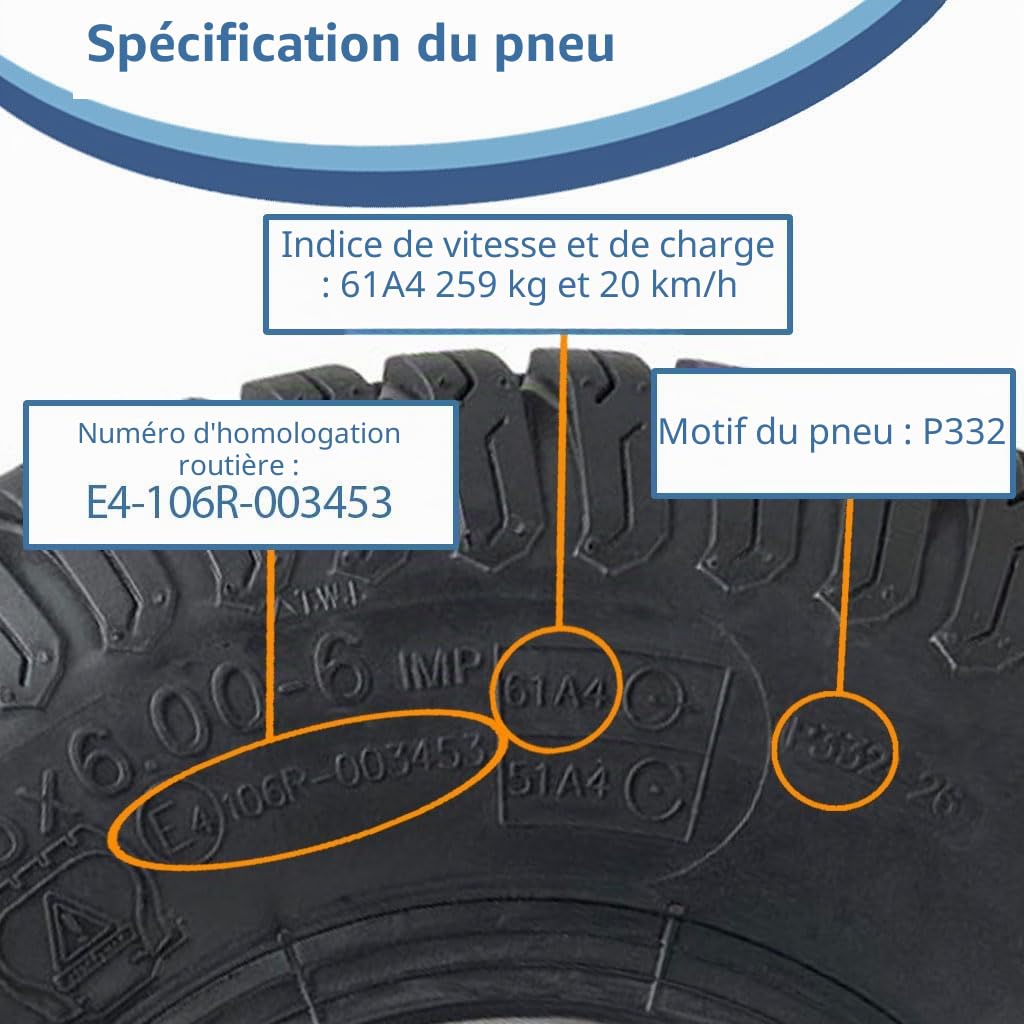 Roue pour tondeuse à gazon 15 x 6,00–6, moyeu de 65 mm, pneu P332 à 4 plis sur jante, roulements de 20 mm