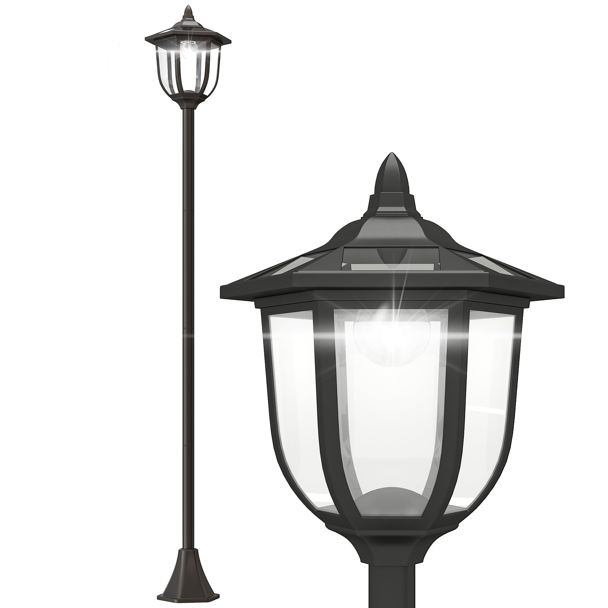 Outsunny Farola Solar con Panel Solar a Cargar Batería Protección al Ambiente 6 LED Perfecto para Noche Encendido Automático Autonomía de 6 Horas Instalar Fácil Negro Ø26,5 x 177cm