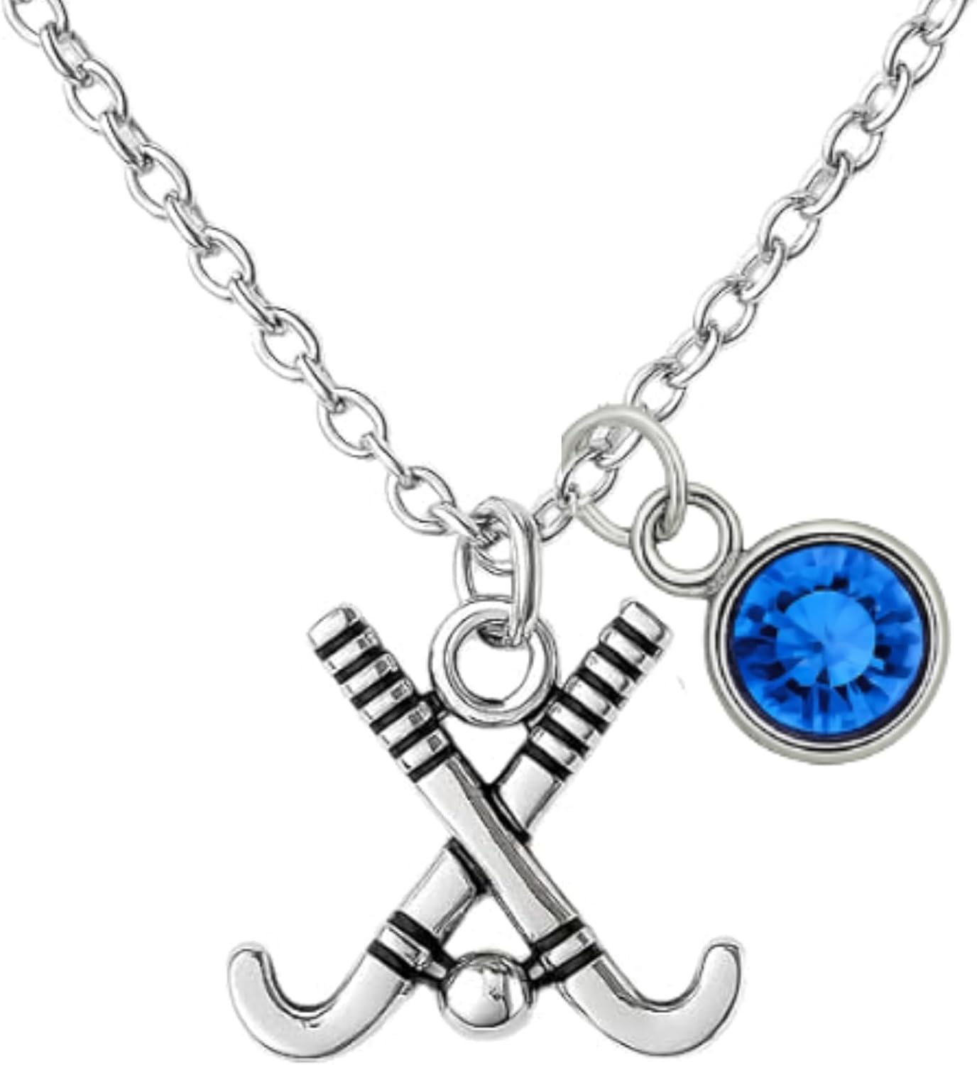 Field Hockey Necklace – Personalized Silver Crossed Sticks Pendant with Birthstone Charm – Adjustable Chain Sports Jewelry – Meaningful Gift for Players, Coaches, and Fans