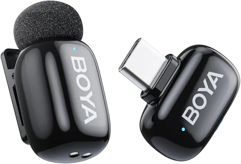 BOYA Mini microfones sem fio para iPhone 15-16/Android/PC com plugue USB-C, cancelamento de ruído AI de 3 níveis, trocador de voz, bateria de 100 metros 6h para gravação de vídeo, podcast, entrevista