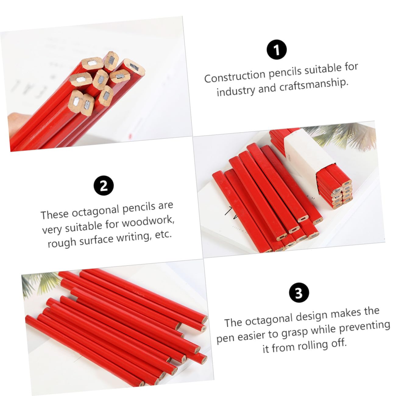 Ciieeo Crayon de Charpentier Octogonal Rouge 72 Pièces en Bois