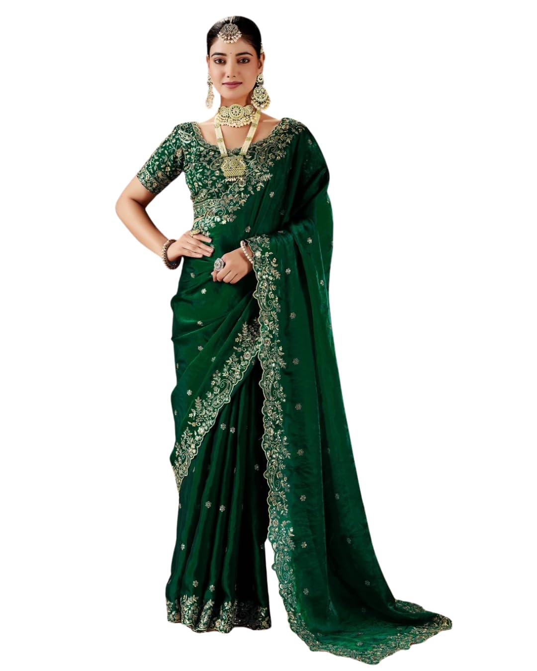 Women's Fendy Satin Saree with Zari Embroidery Pallu Heavy Designer Embroidered Border Saree Matching Fendy Blouse Piece-image-38