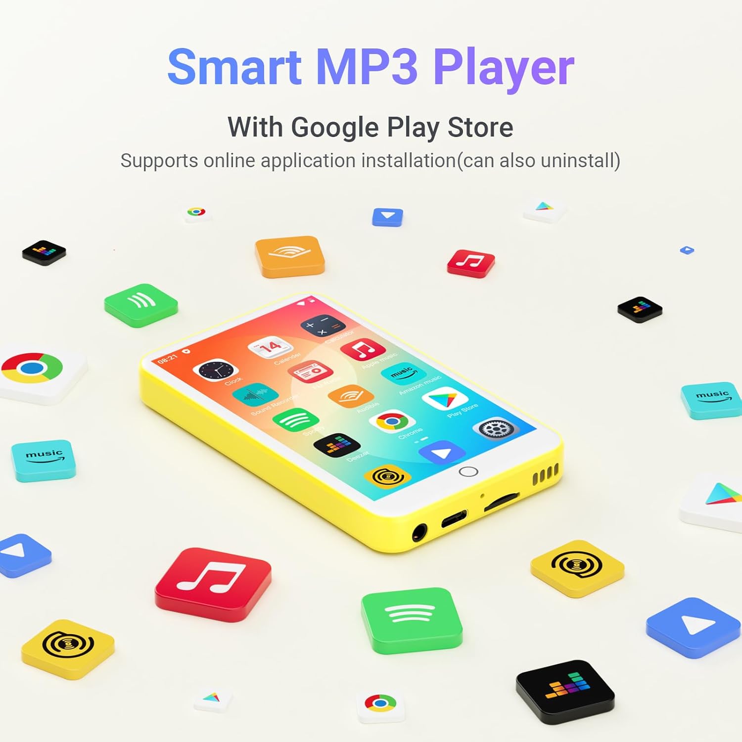 Front view of the Oilsky M303pro MP3 Player, showing the 4-inch touch screen with various app icons.