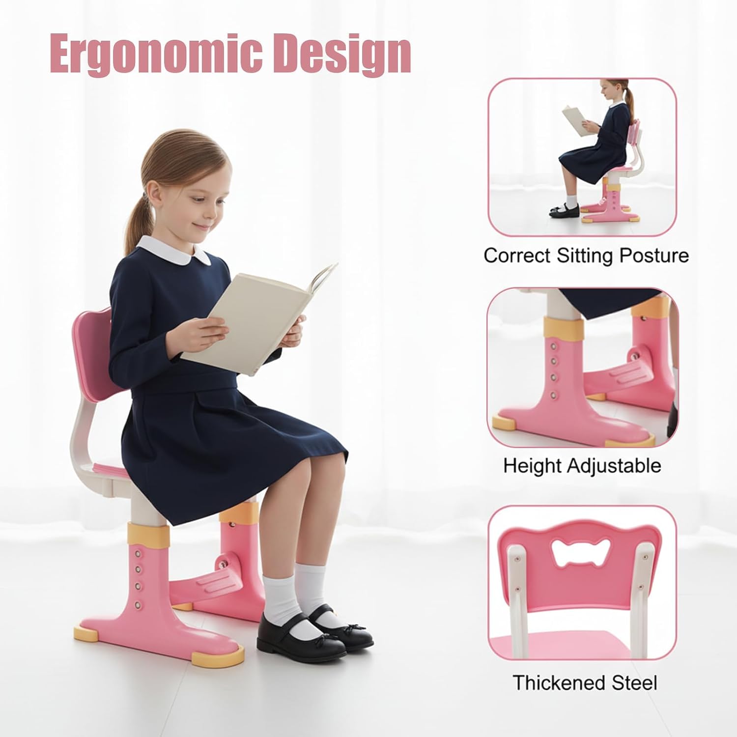 Kids Study Desk and Chair Set, Height Adjustable Children School Study Desk with Castle Backboard,Ergonomic Small Desks Widened Desktop, Study Table with Bookstand Storage Drawer (Pink)