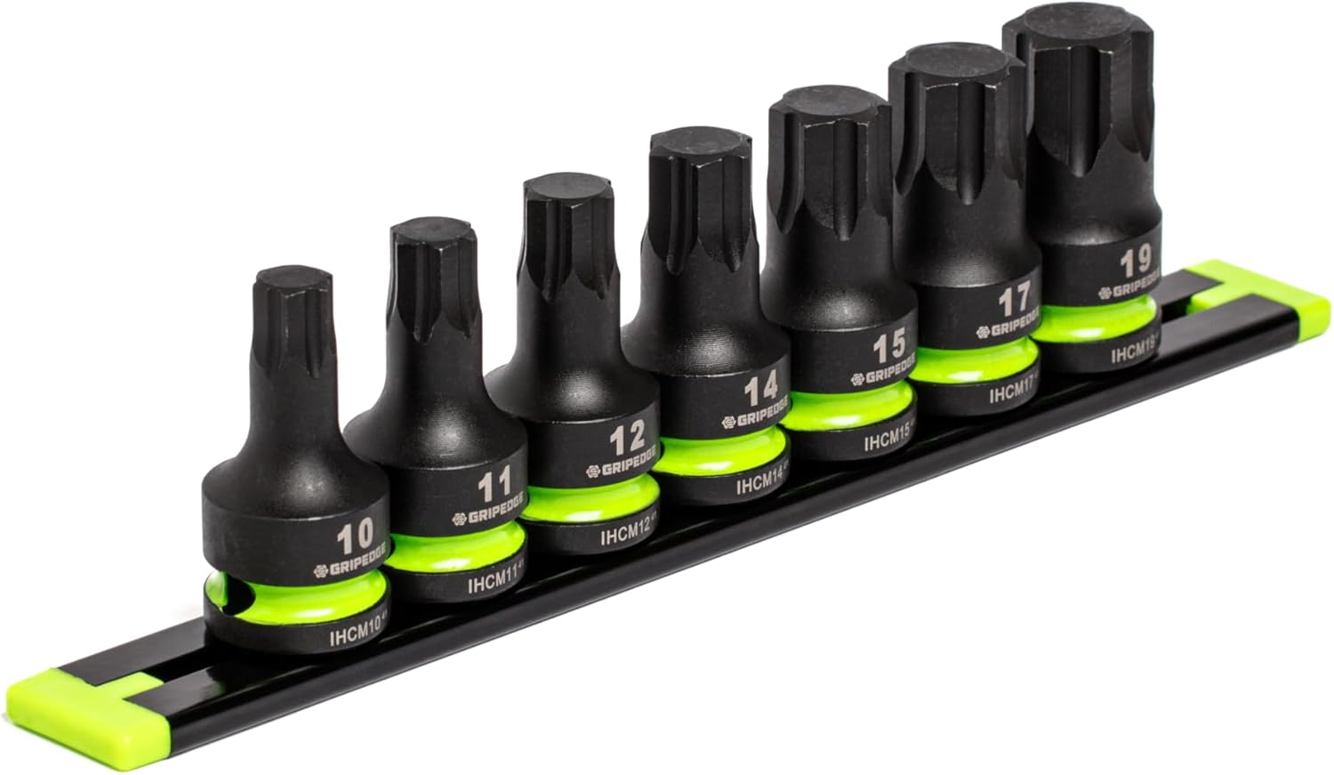 GRIPEDGE Tools | 7-PC - 1/2" Dr Short Metric Impact R.P.T. Hex Driver Set | Sizes 10, 11, 12, 14, 15, 17, 19 MM| Made With Cr-Mo Steel | Includes Premium Aluminum Socket Rail |