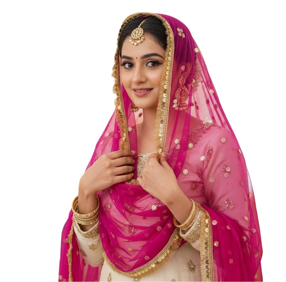 Image of Navti Creations Women's Lightweight Net Dupatta With Sequence Embroidery & Kiran Border (Length 2.25m)