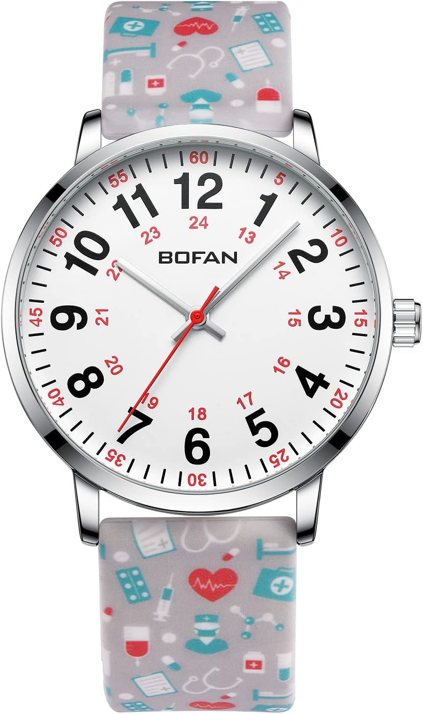 BOFAN Nurse Watch for Medical Professionals,Students,Doctors with Easy to Read Dial,Second Hand and 24 Hour,Soft Comfort Print Silicone Band,Water Resistant