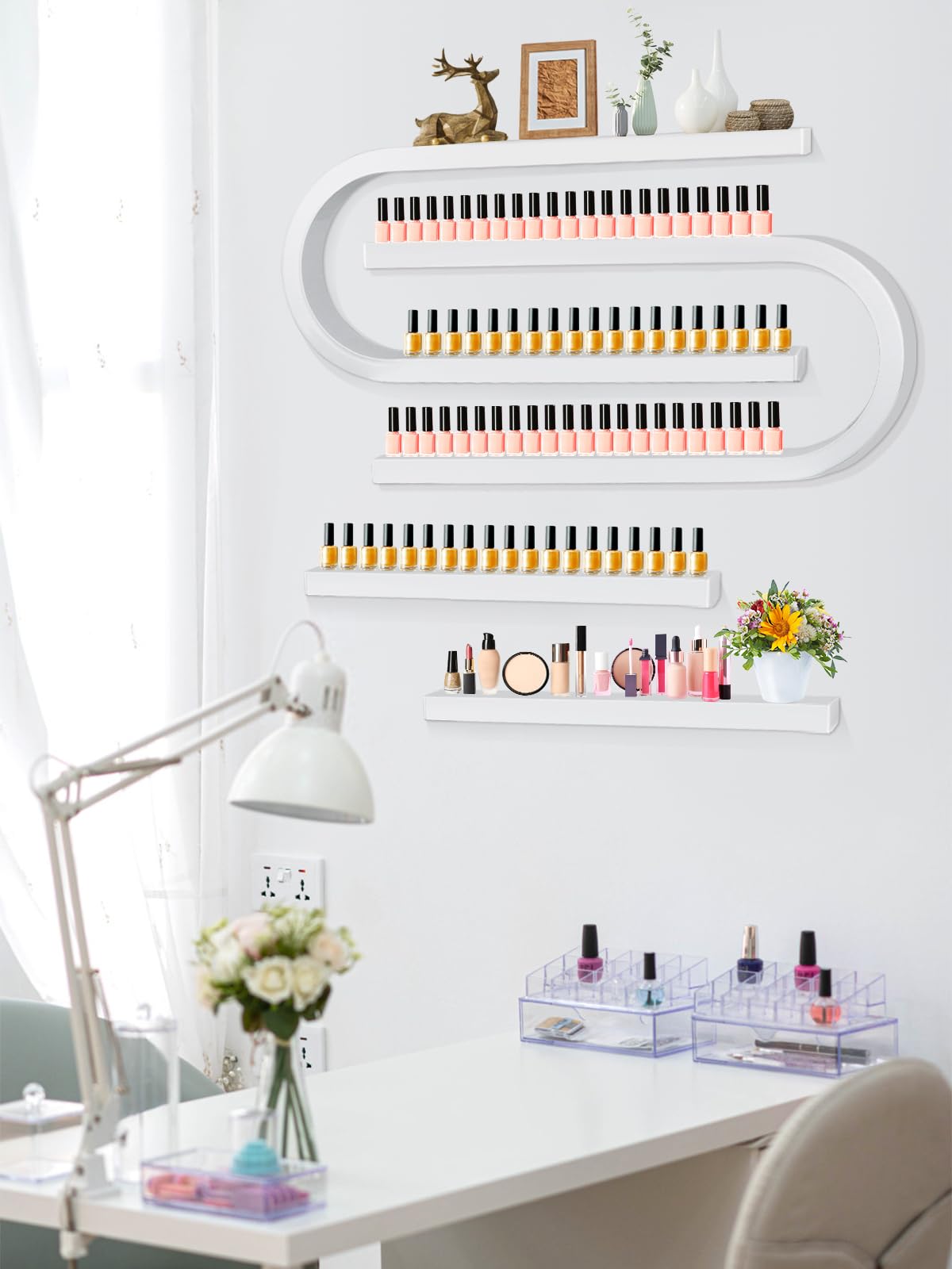 Kalolary Étagère murale en métal en forme de U pour vernis à ongles, cosmétiques, rouge à lèvres, parfum, huiles essentielles, pour bouteilles de vernis à ongles, spa, salon de manucure